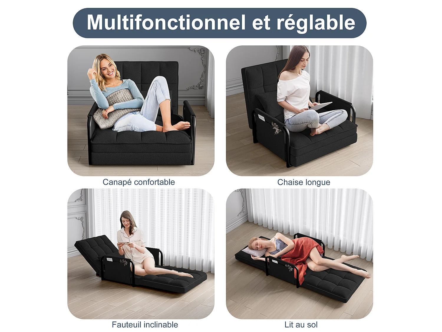 Canapé-lit convertible 1 place 3-en-1 – Fauteuil, chaise longue et lit, dossier réglable sur 5 positions, poches latérales – Tissu bouclette noir