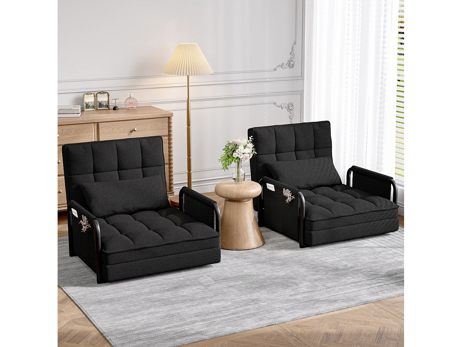Canapé-lit convertible 1 place 3-en-1 – Fauteuil, chaise longue et lit, dossier réglable sur 5 positions, poches latérales – Tissu bouclette noir