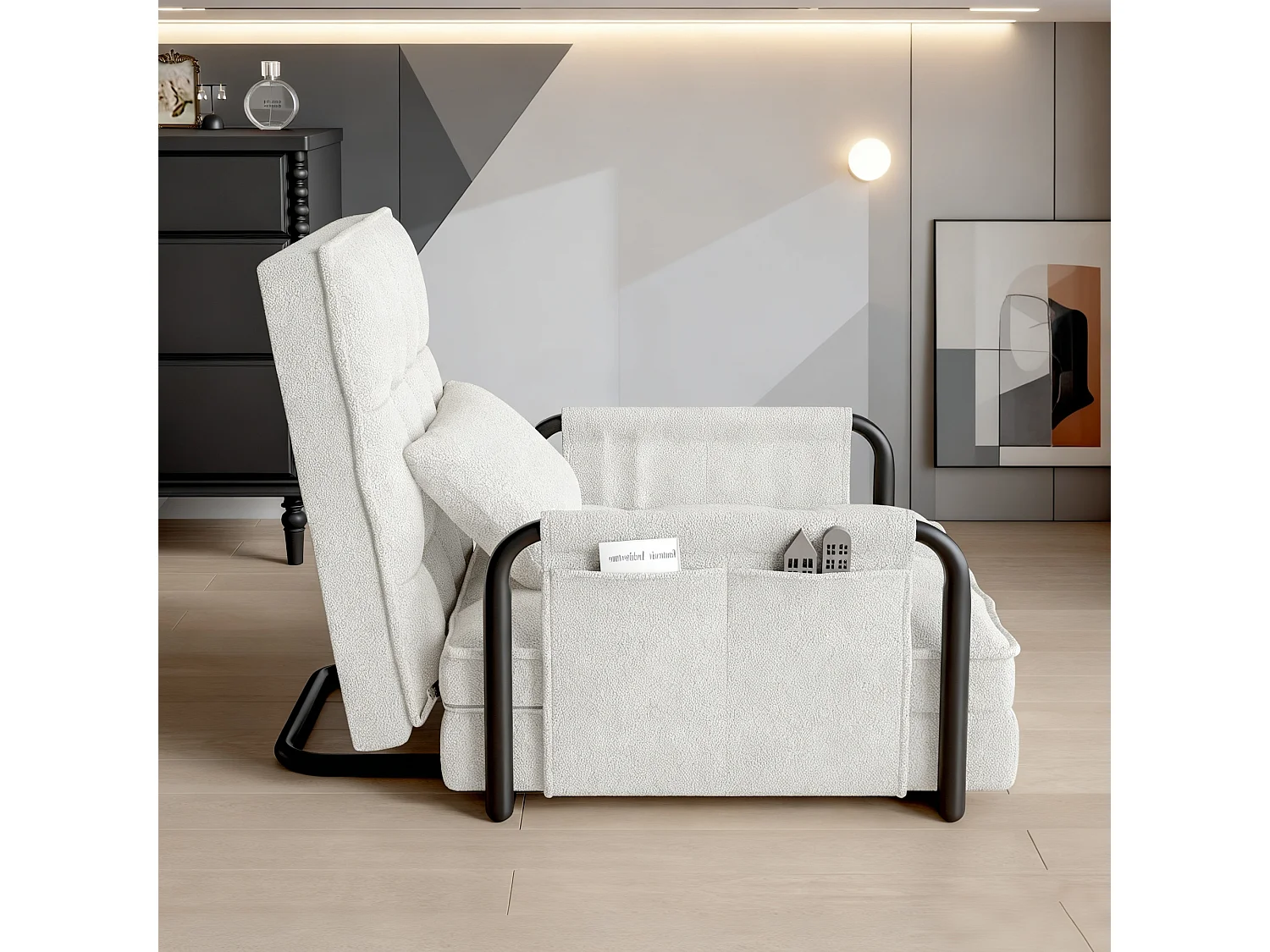 Canapé-lit simple multifonctionnel – avec fonction lit, chaise longue et fauteuil, canapé-lit réglable en cinq  positions, poches latérales - velours teddy blanc