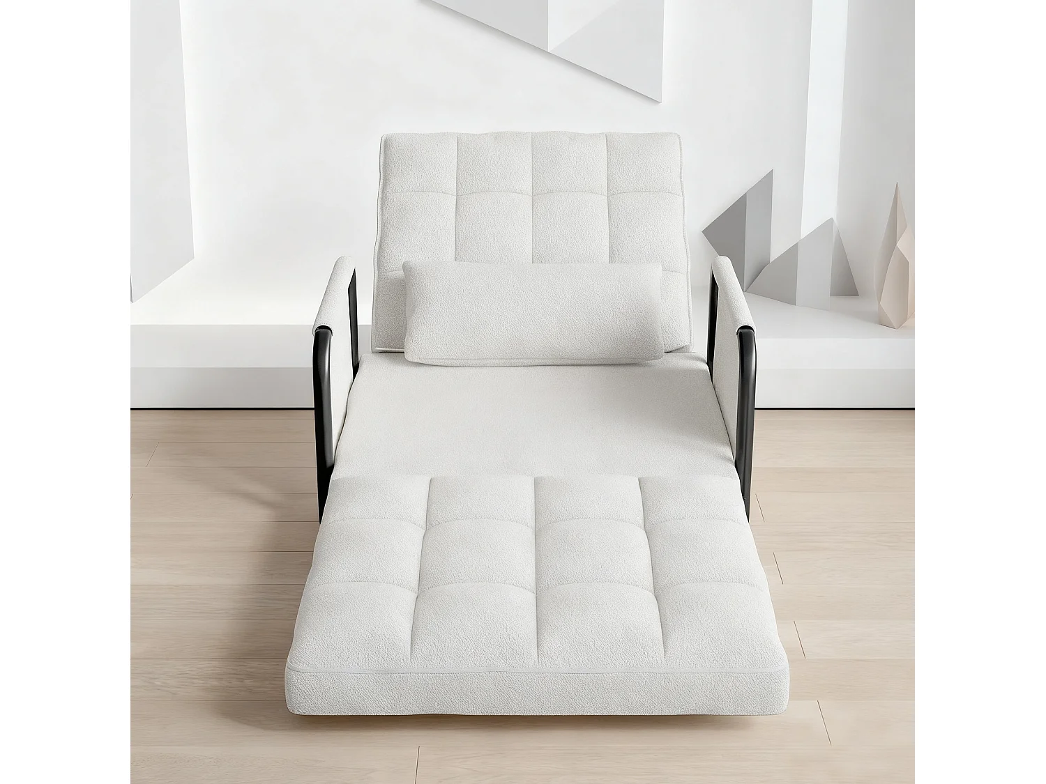Canapé-lit simple multifonctionnel – avec fonction lit, chaise longue et fauteuil, canapé-lit réglable en cinq  positions, poches latérales - velours teddy blanc