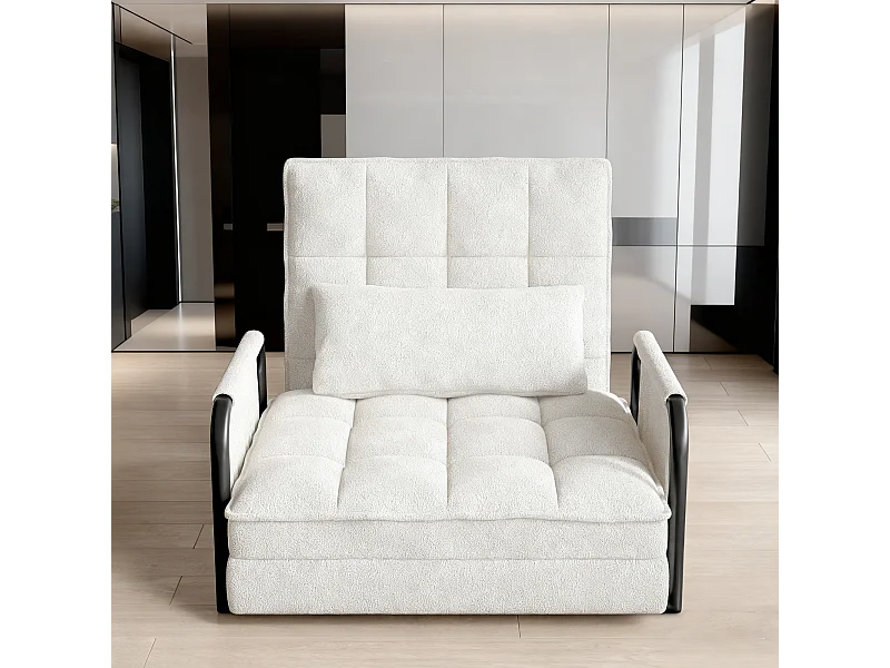Canapé-lit simple multifonctionnel – avec fonction lit, chaise longue et fauteuil, canapé-lit réglable en cinq  positions, poches latérales - velours teddy blanc