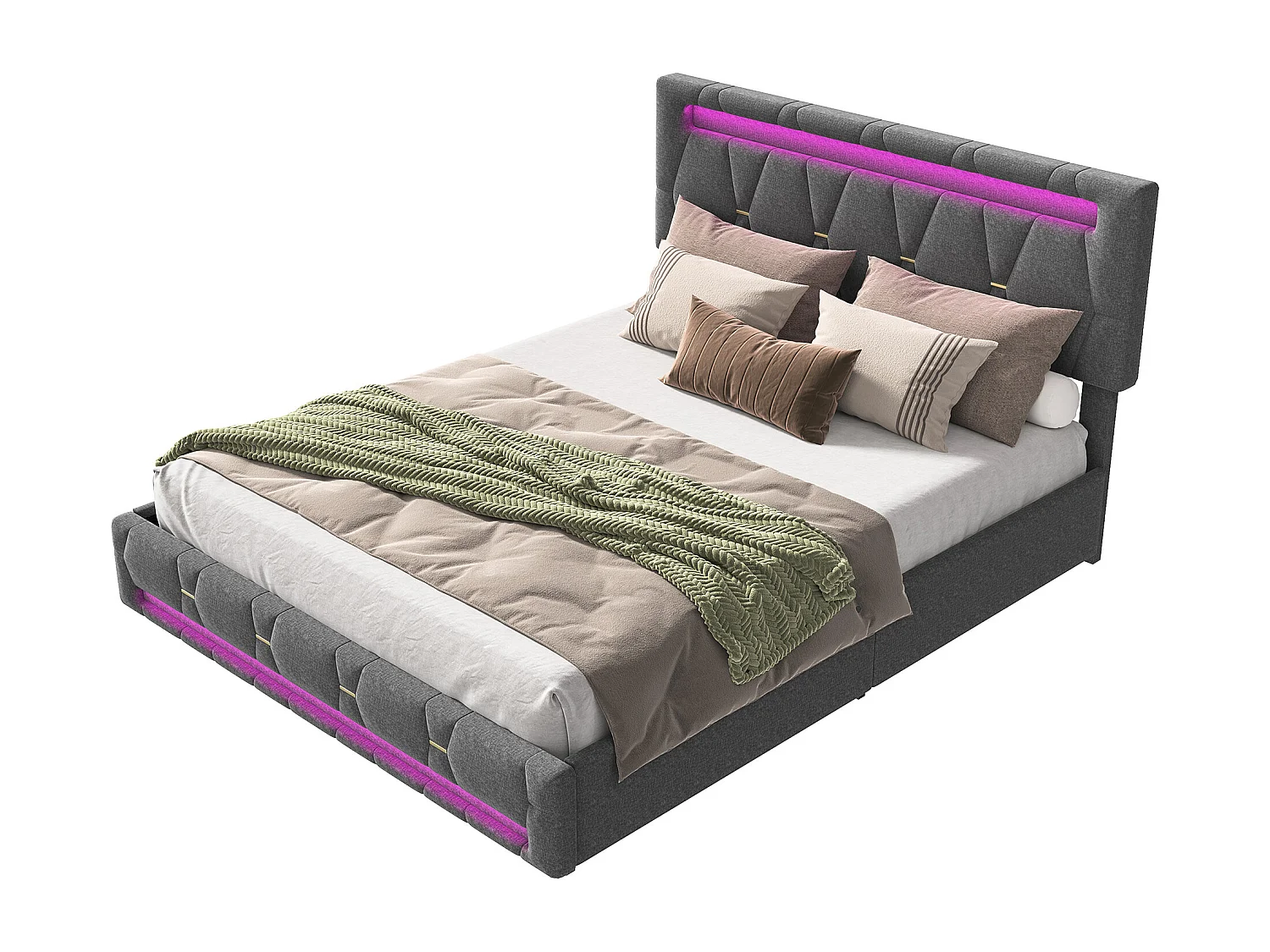 Lit adulte 140x200 tiroir rangement soldes, lit double 140x200 cm avec sommier à lattes, cadre de lit 140x200 cm avec LED - tissu en lin - gris
