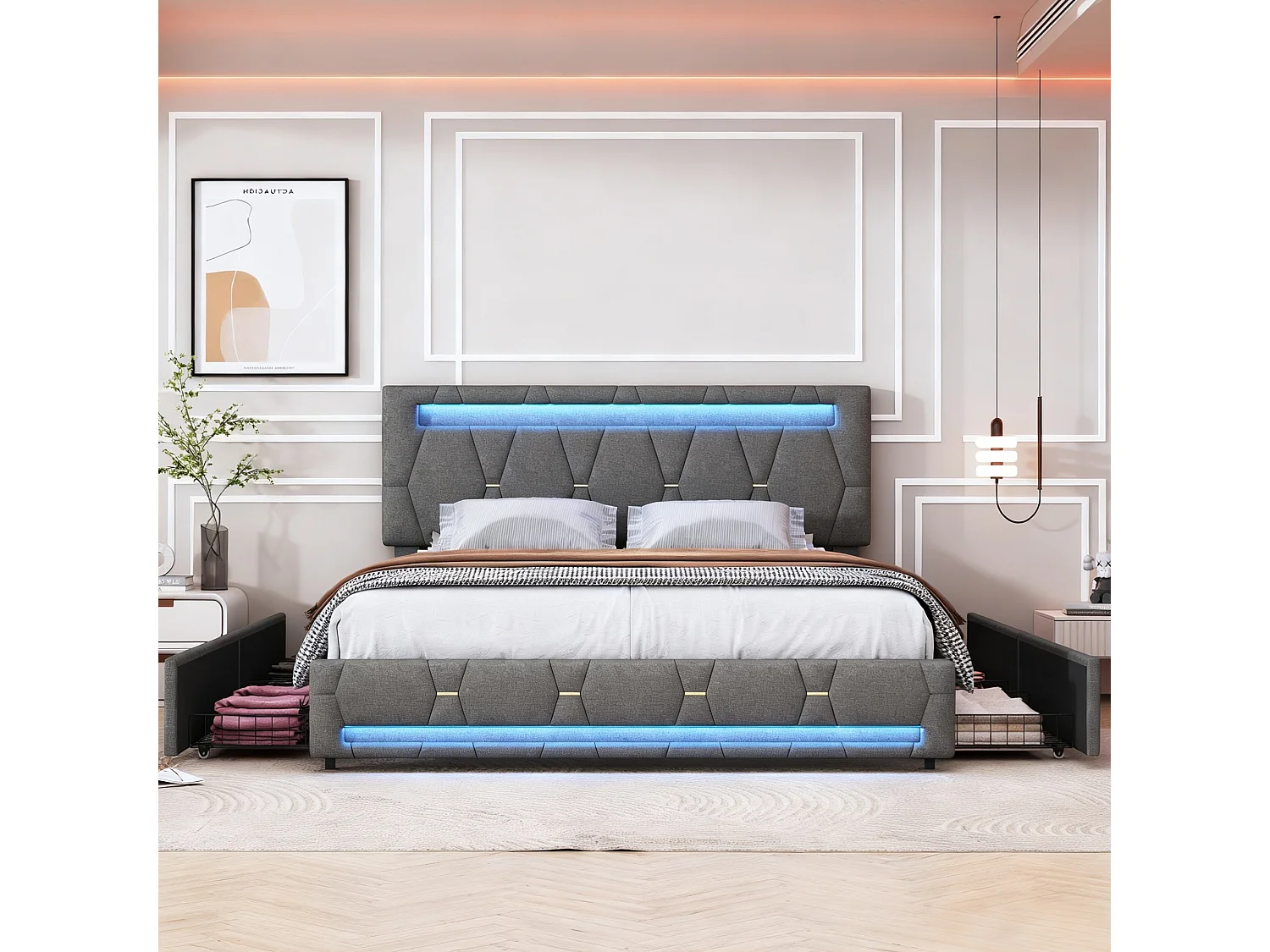 Lit double 140x200 cm avec tiroirs de rangement, sommier à lattes et LED, tissu lin gris