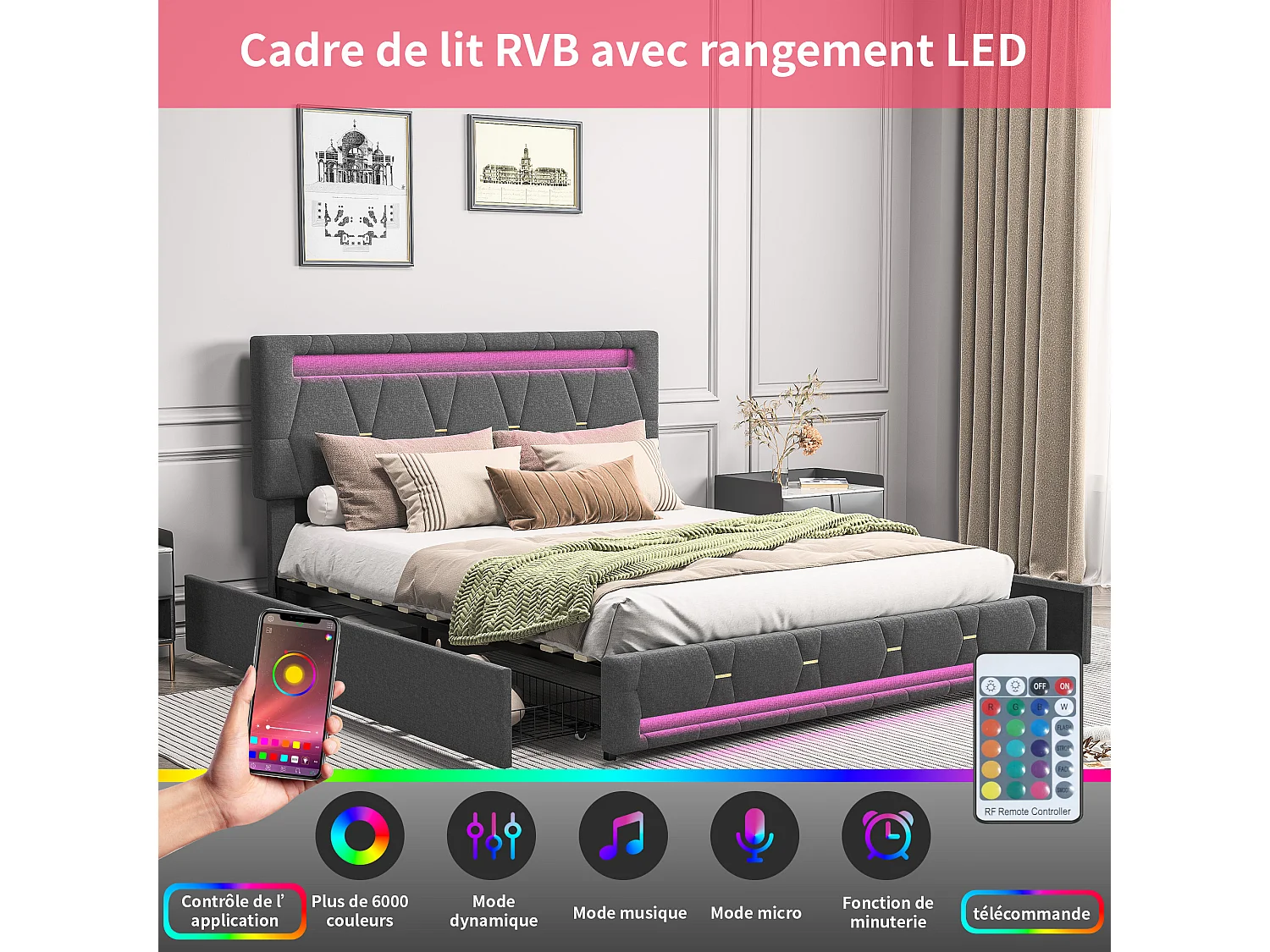 Lit double 140x200 cm avec tiroirs de rangement, sommier à lattes et LED, tissu lin gris