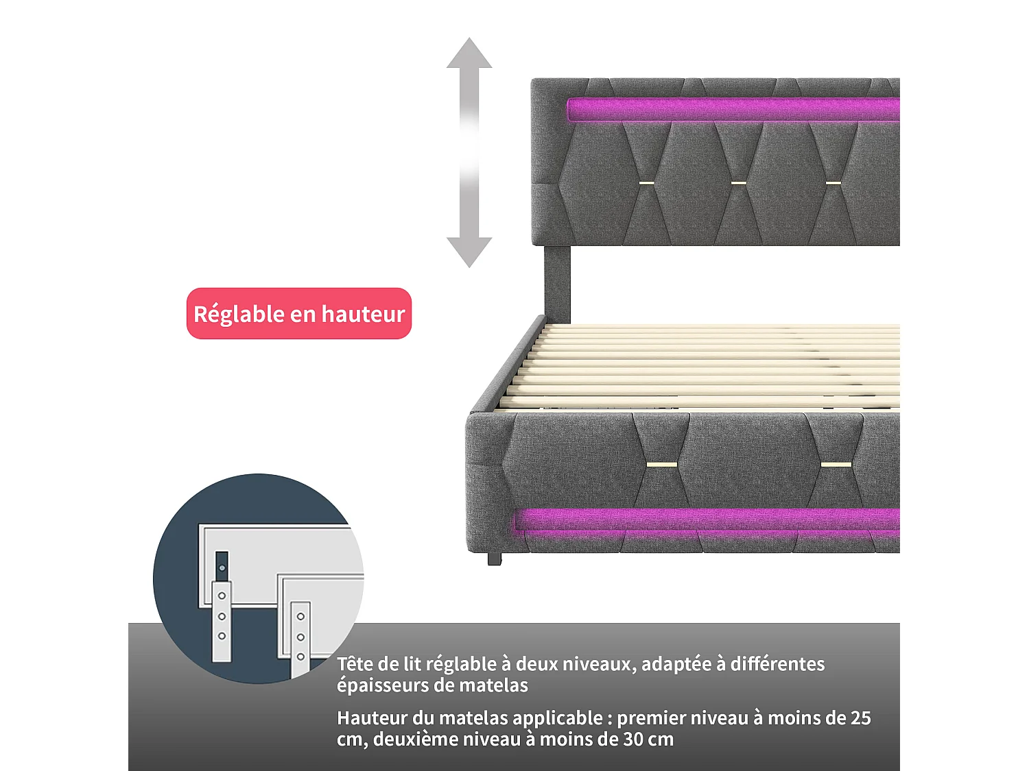 Lit double 140x200 cm avec tiroirs de rangement, sommier à lattes et LED, tissu lin gris