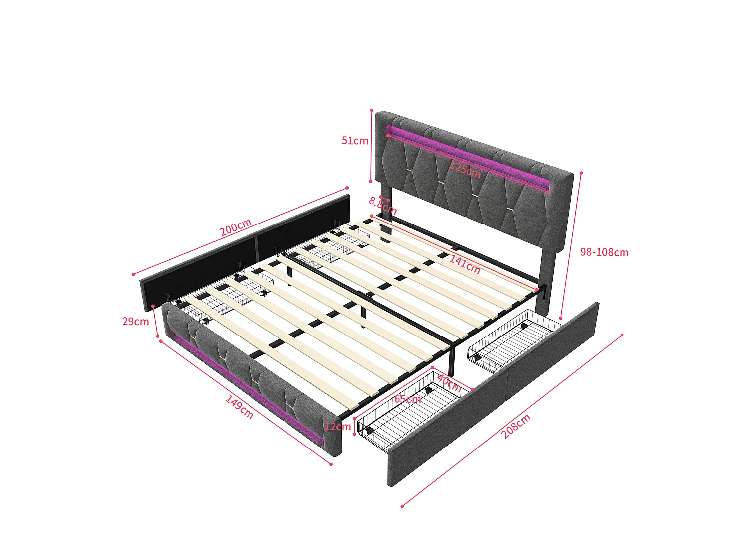 Lit double 140x200 cm avec tiroirs de rangement, sommier à lattes et LED, tissu lin gris