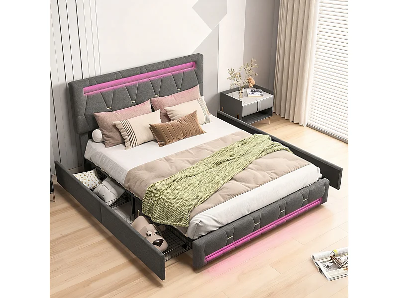 Lit adulte 140x200 tiroir rangement soldes, lit double 140x200 cm avec sommier à lattes, cadre de lit 140x200 cm avec LED - tissu en lin - gris