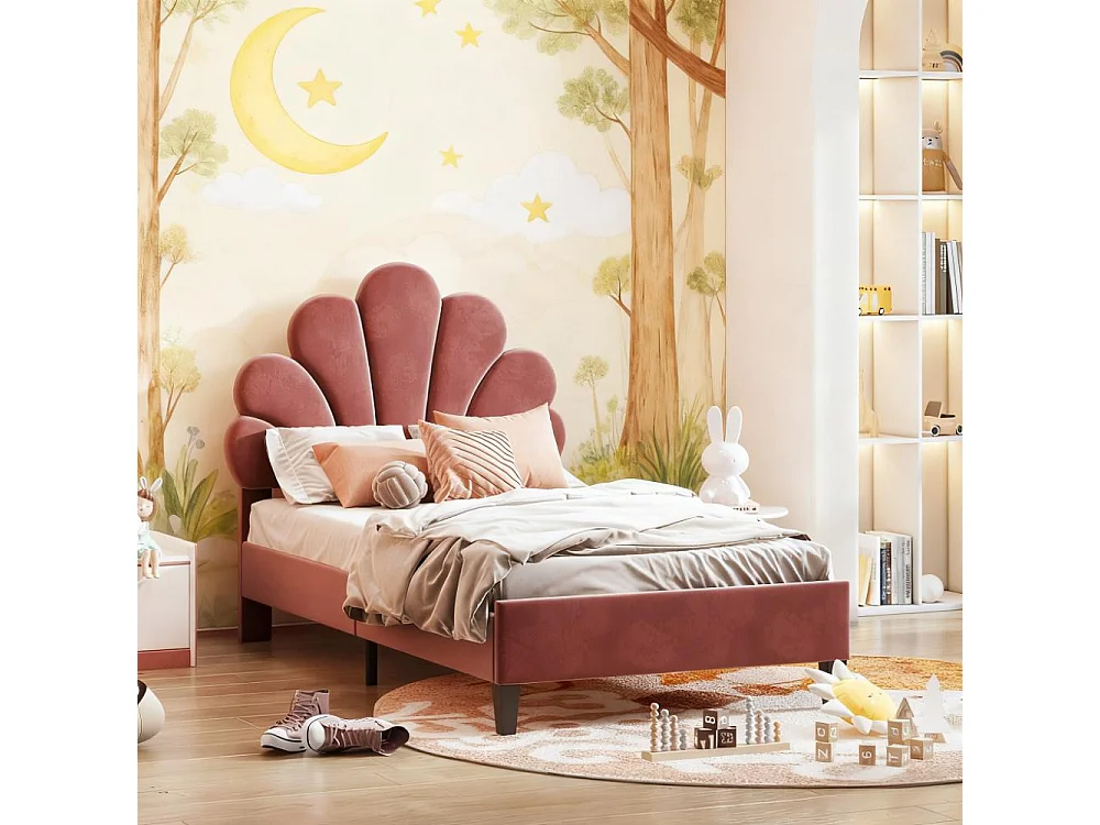 Lit enfant 90x200 cm avec sommier à lattes, lit capitonné en tissu velours 90x200 cm, lit de pétales 90x200 cm - rouge