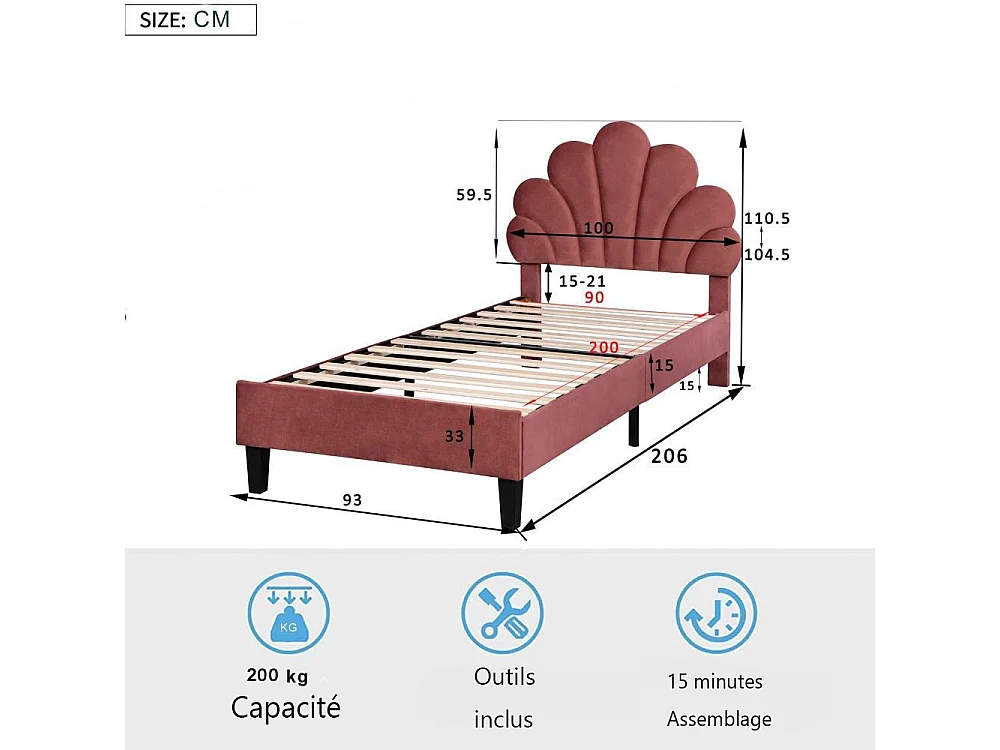 Lit enfant 90x200 cm avec sommier à lattes, lit capitonné en tissu velours 90x200 cm, lit de pétales 90x200 cm - rouge