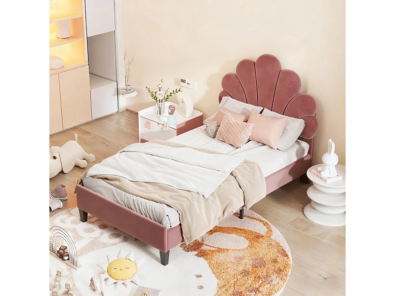 Lit enfant 90x200 cm avec sommier à lattes, lit capitonné en tissu velours 90x200 cm, lit de pétales 90x200 cm - rouge