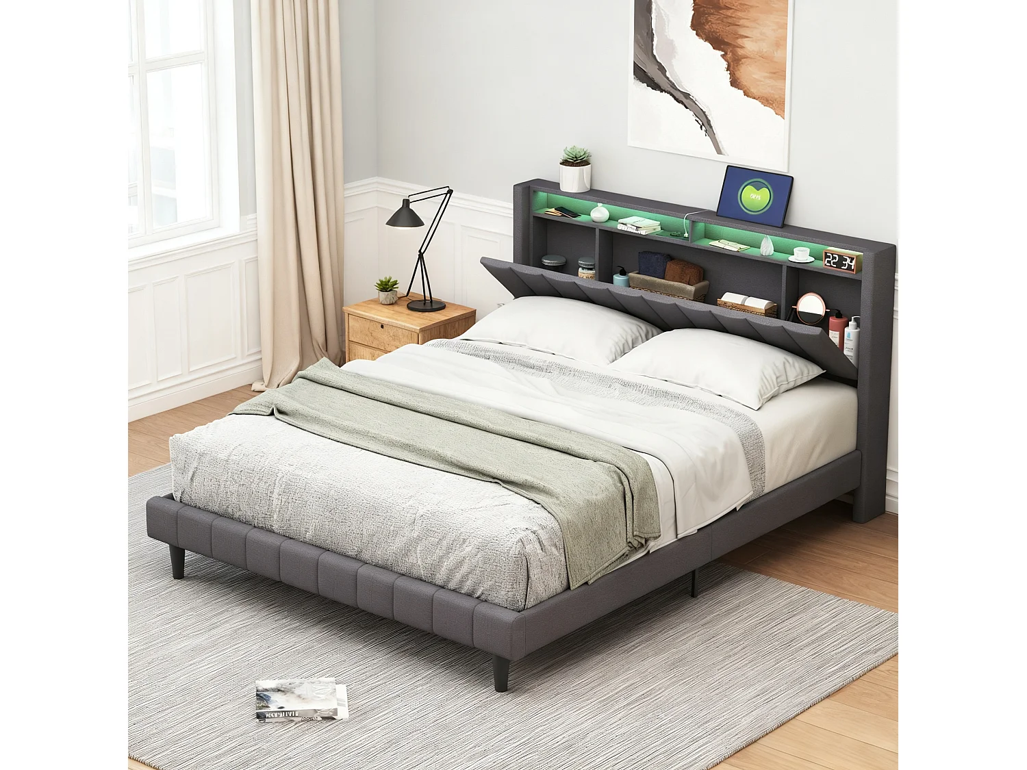 Lit 140x200 cm avec sommier à latte - lit adulte 140x200 cm - USB - LED - lit double 140x200 cm tissu en Lin - espace de rangement caché - gris