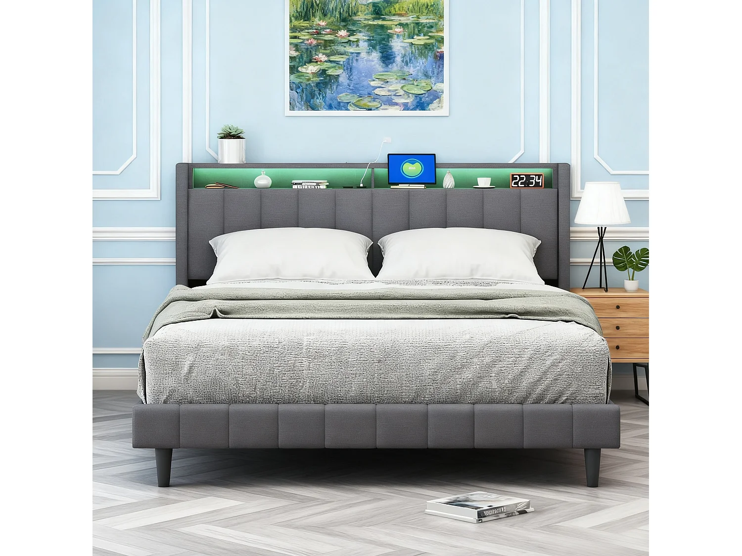 Lit 140x200 cm avec sommier à latte - lit adulte 140x200 cm - USB - LED - lit double 140x200 cm tissu en Lin - espace de rangement caché - gris