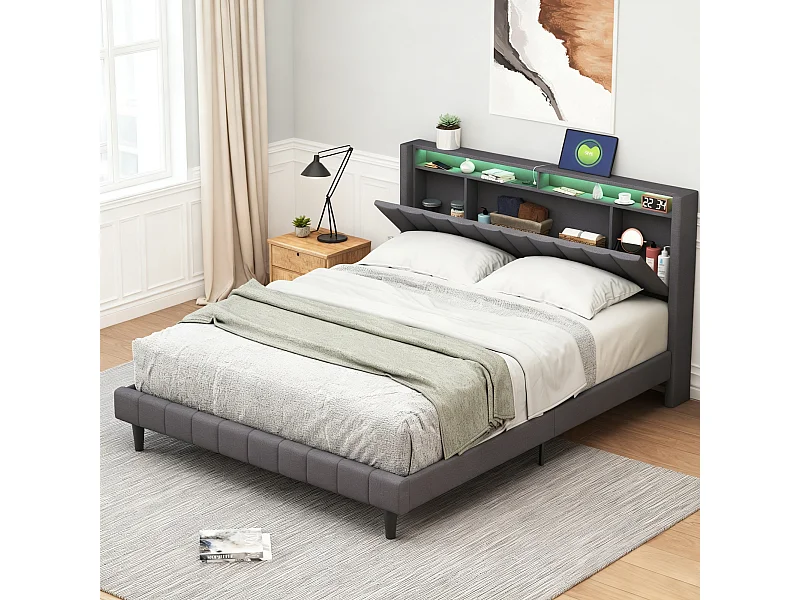 Lit 140x200 cm avec sommier à latte - lit adulte 140x200 cm - USB - LED - lit double 140x200 cm tissu en Lin - espace de rangement caché - gris