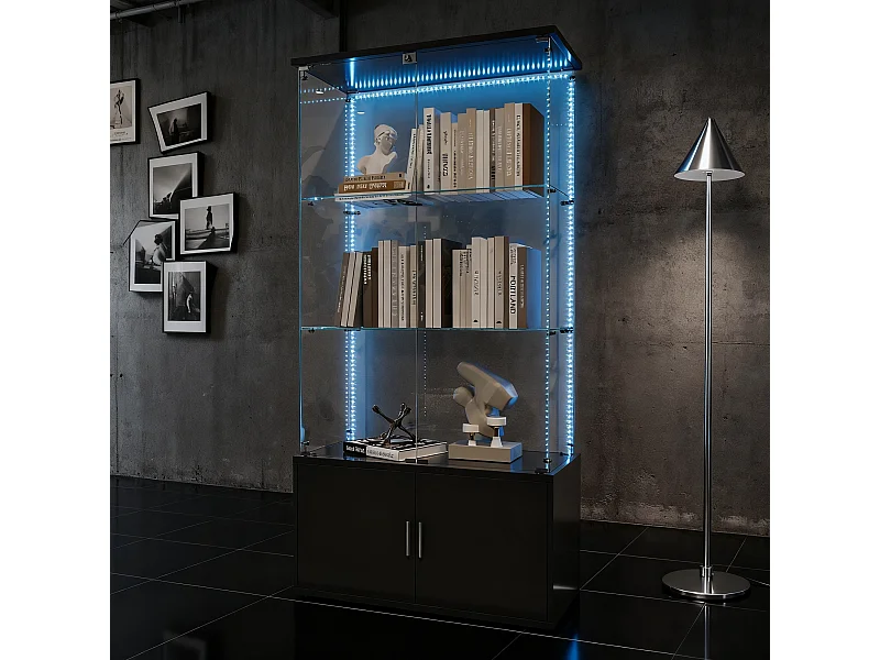 Vitrine sur pied avec 4 portes, 3 plateaux verre transparent avec serrure, verre trempé et boir, Multi - usage - Avec éclairage LED - 78x35x164 cm - Noir