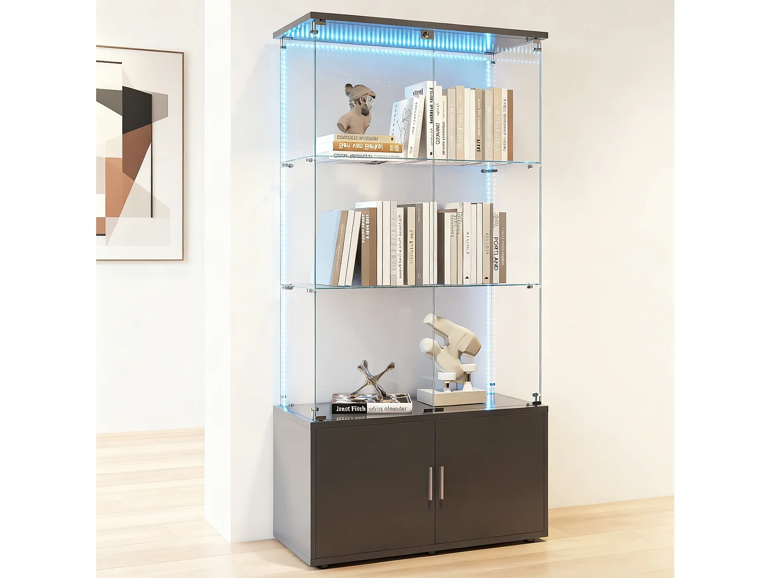Vitrine sur pied avec 4 portes, 3 plateaux verre transparent avec serrure, verre trempé et boir, Multi - usage - Avec éclairage LED - 78x35x164 cm - Noir