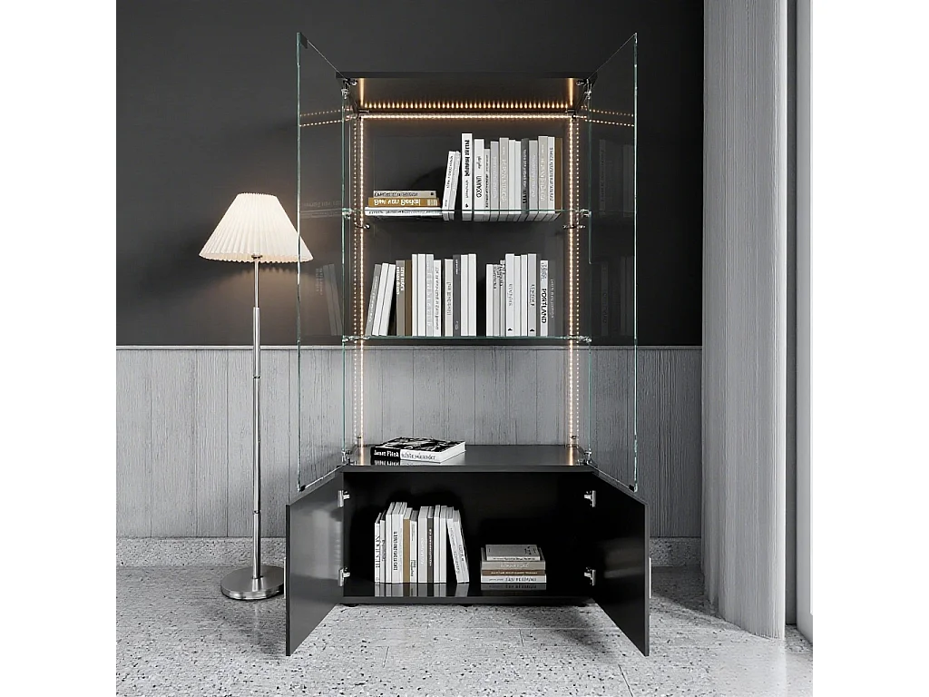 Vitrine sur pied avec 4 portes, 3 plateaux verre transparent avec serrure, verre trempé et boir, Multi - usage - Avec éclairage LED - 78x35x164 cm - Noir