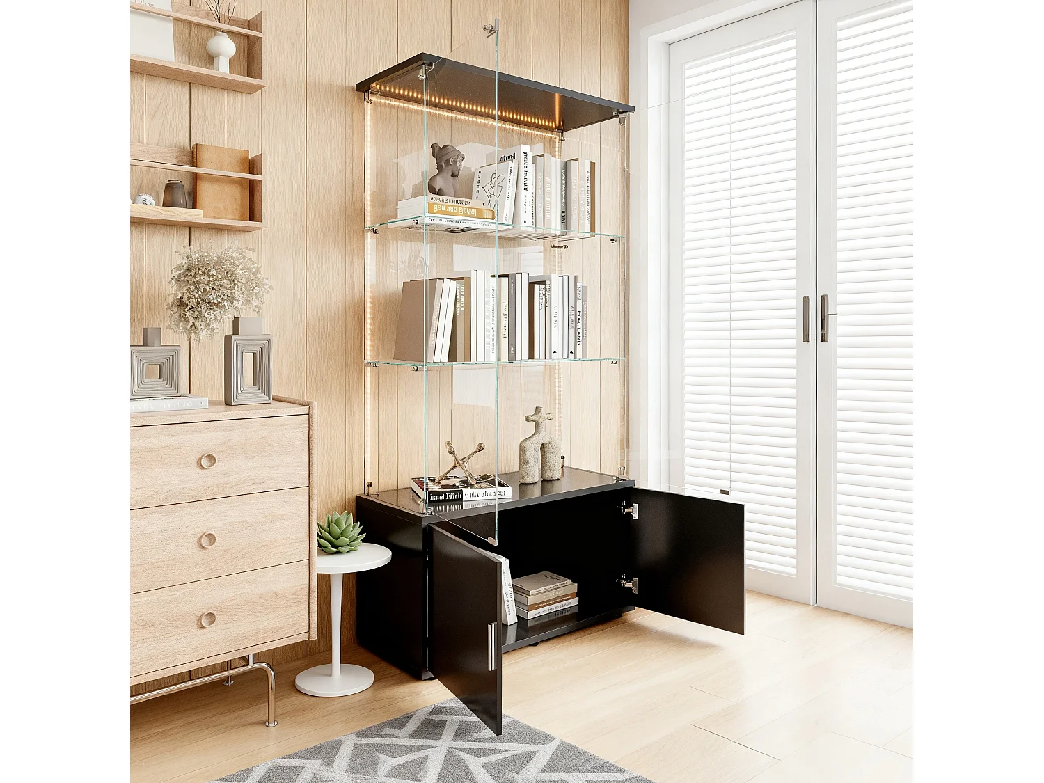 Vitrine sur pied avec 4 portes, 3 plateaux verre transparent avec serrure, verre trempé et boir, Multi - usage - Avec éclairage LED - 78x35x164 cm - Noir