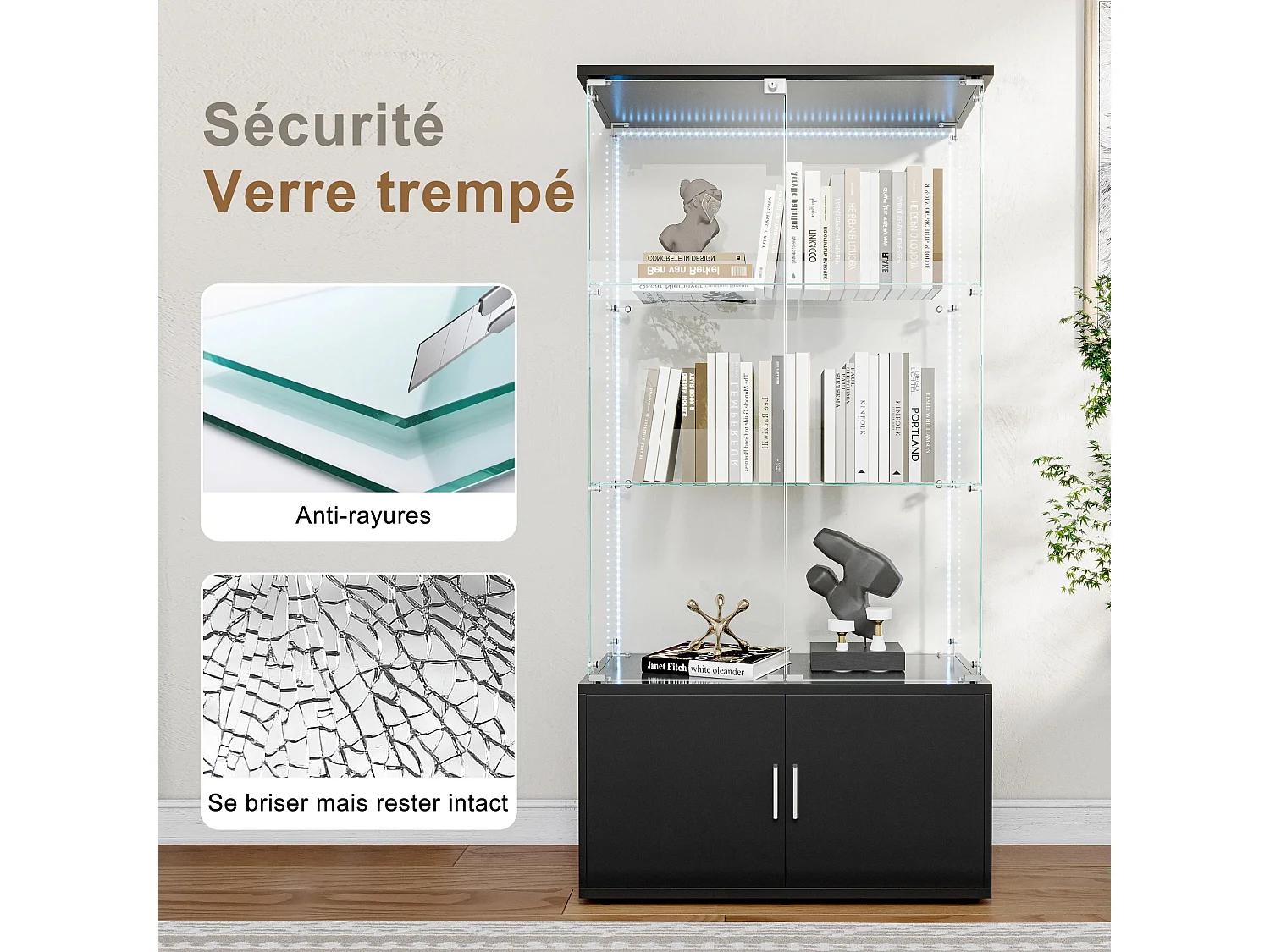 Vitrine sur pied avec 4 portes, 3 plateaux verre transparent avec serrure, verre trempé et boir, Multi - usage - Avec éclairage LED - 78x35x164 cm - Noir