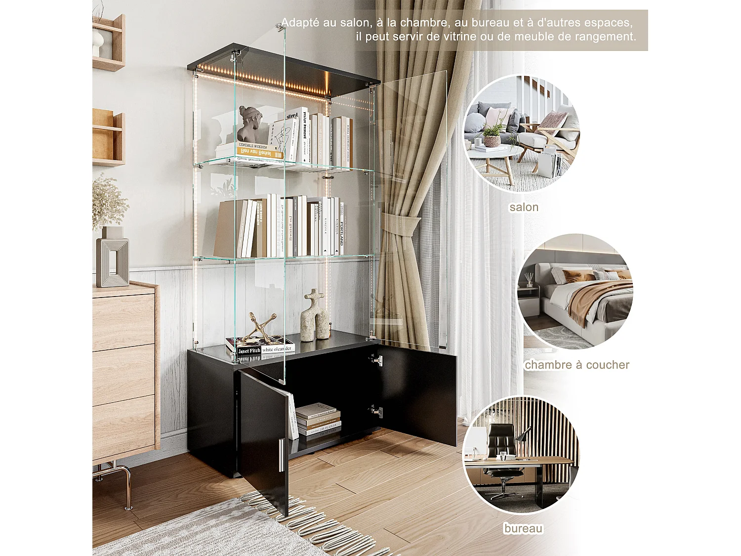 Vitrine sur pied avec 4 portes, 3 plateaux verre transparent avec serrure, verre trempé et boir, Multi - usage - Avec éclairage LED - 78x35x164 cm - Noir