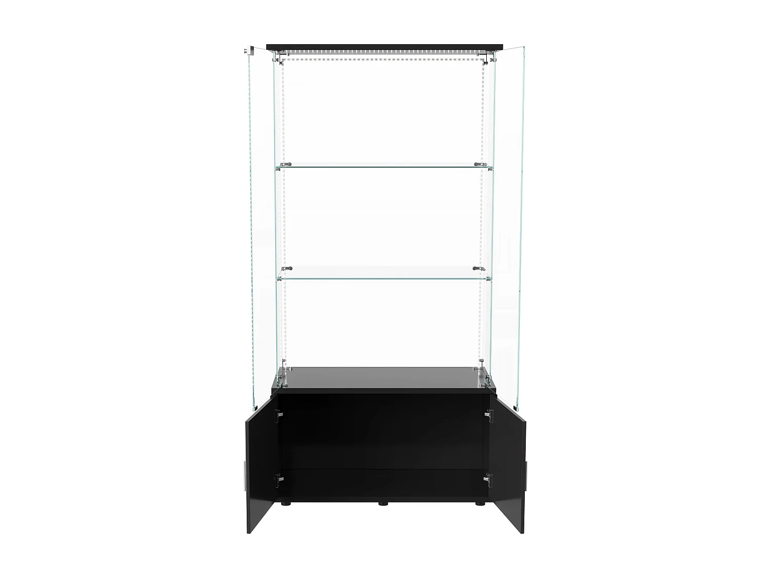 Vitrine sur pied avec 4 portes, 3 plateaux verre transparent avec serrure, verre trempé et boir, Multi - usage - Avec éclairage LED - 78x35x164 cm - Noir