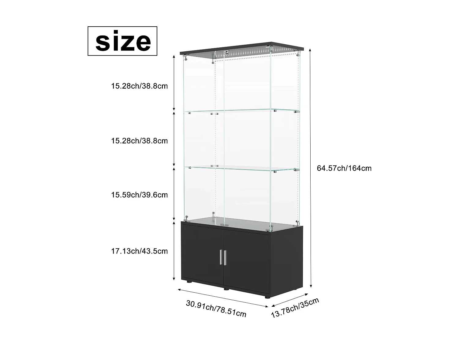 Vitrine sur pied avec 4 portes, 3 plateaux verre transparent avec serrure, verre trempé et boir, Multi - usage - Avec éclairage LED - 78x35x164 cm - Noir