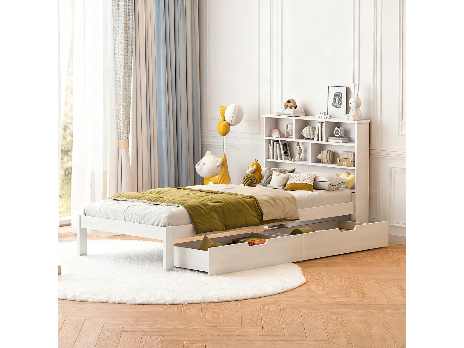 Lit enfant en bois massif 90x200 cm, lit ado avec sommier à latte, ​lit tiroir de rangement scandinave 90x200 - blanc