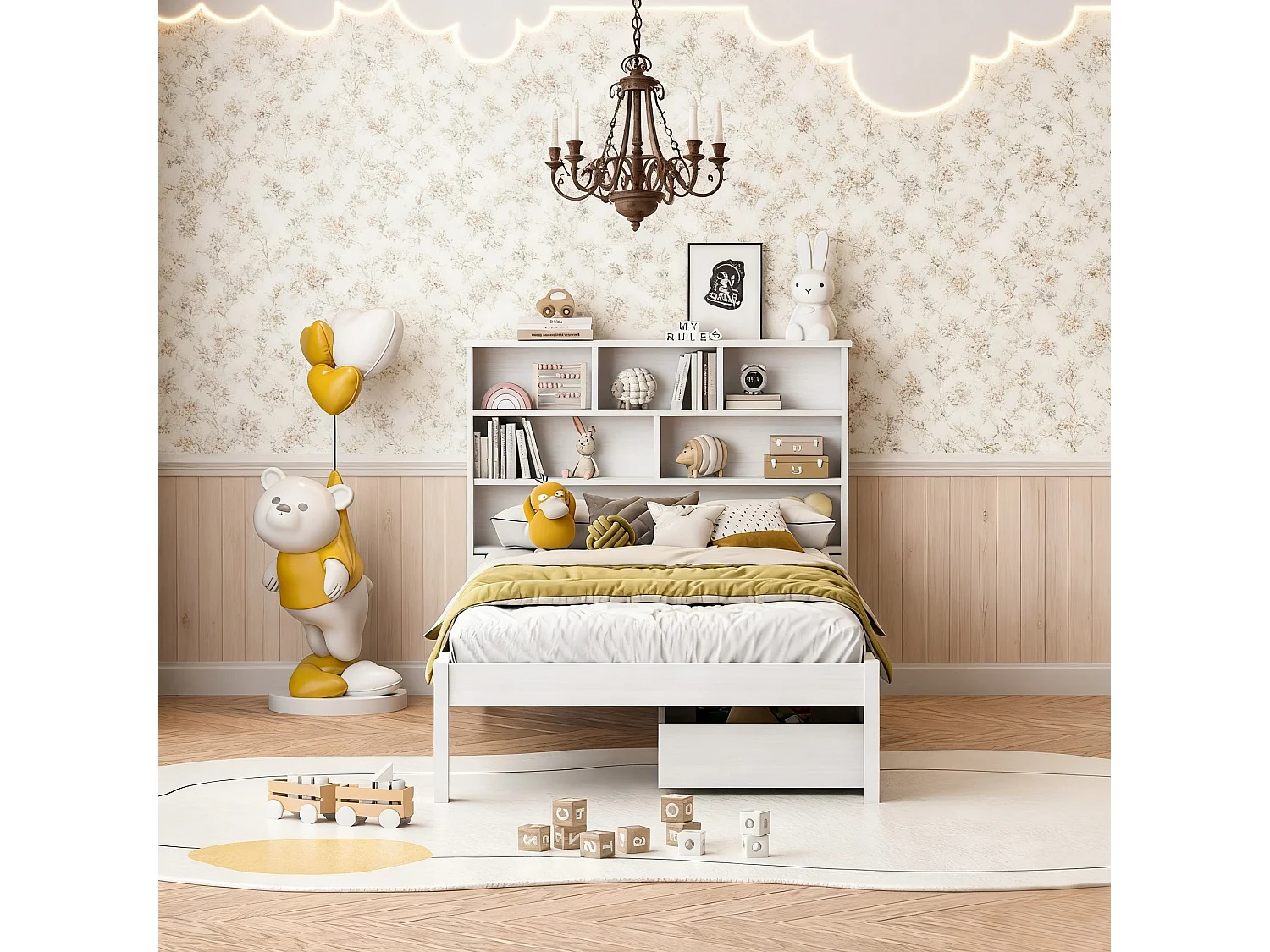 Lit enfant en bois massif 90x200 cm, lit ado avec sommier à latte, ​lit tiroir de rangement scandinave 90x200 - blanc