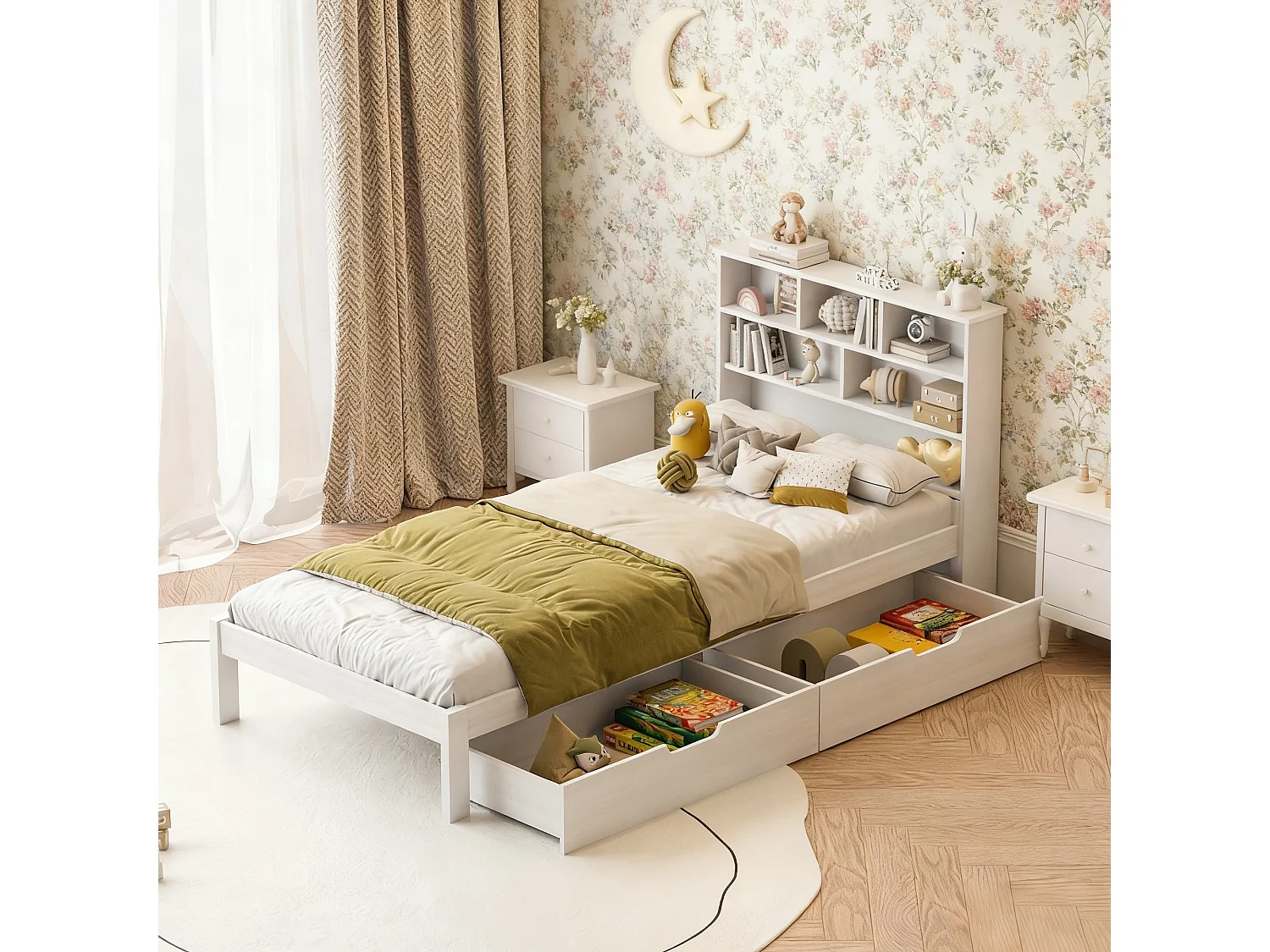 Lit enfant en bois massif 90x200 cm, lit ado avec sommier à latte, ​lit tiroir de rangement scandinave 90x200 - blanc