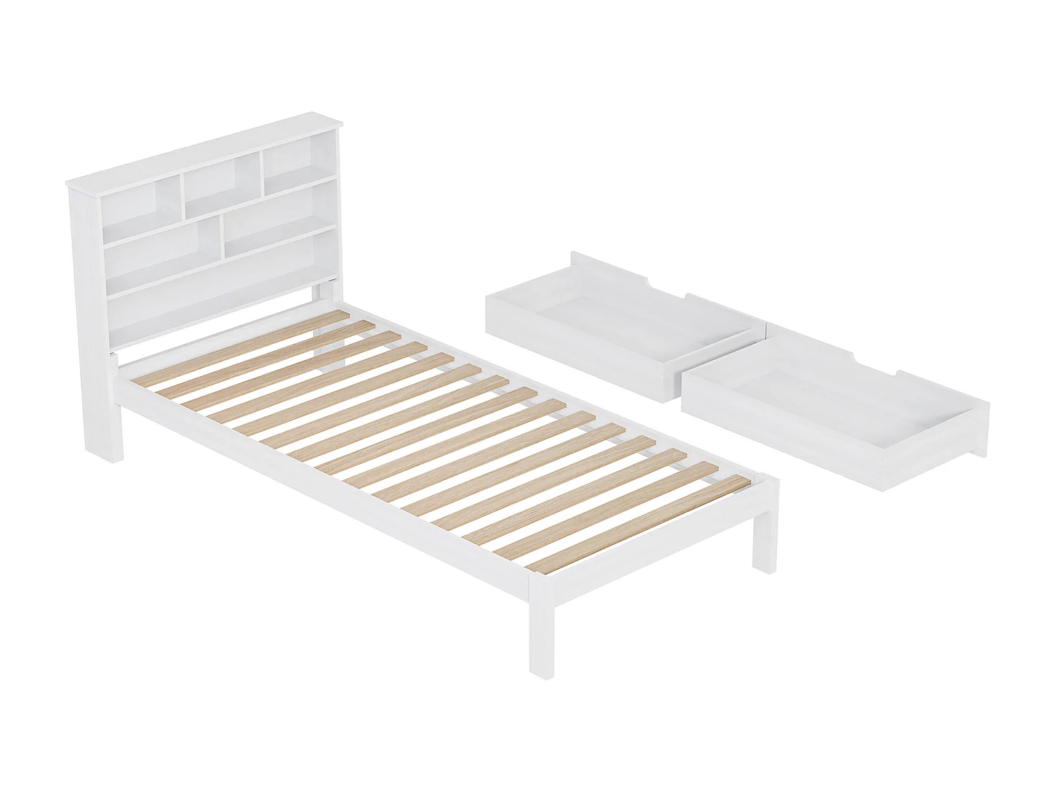Lit enfant en bois massif 90x200 cm, lit ado avec sommier à latte, ​lit tiroir de rangement scandinave 90x200 - blanc