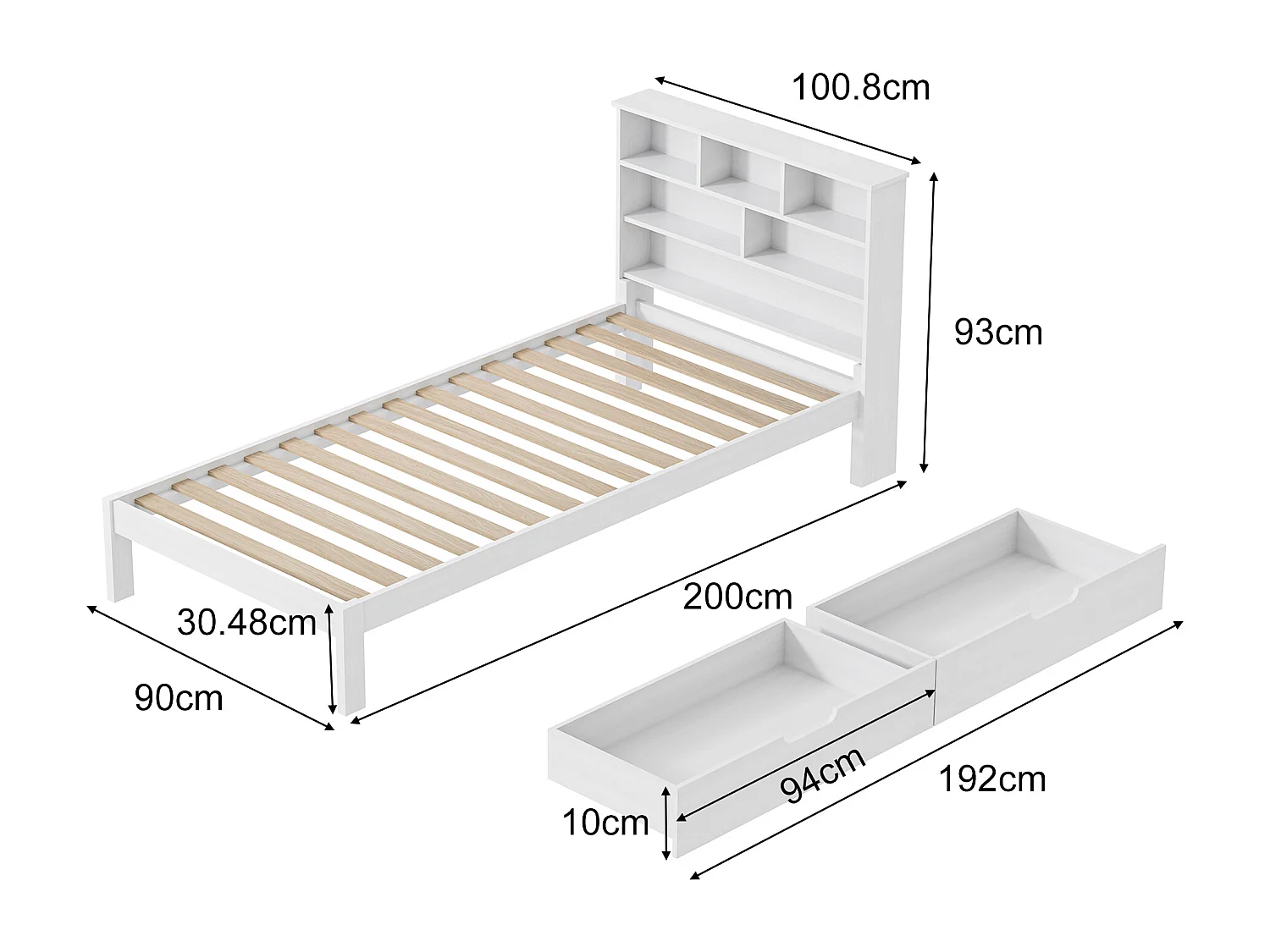 Lit enfant en bois massif 90x200 cm, lit ado avec sommier à latte, ​lit tiroir de rangement scandinave 90x200 - blanc