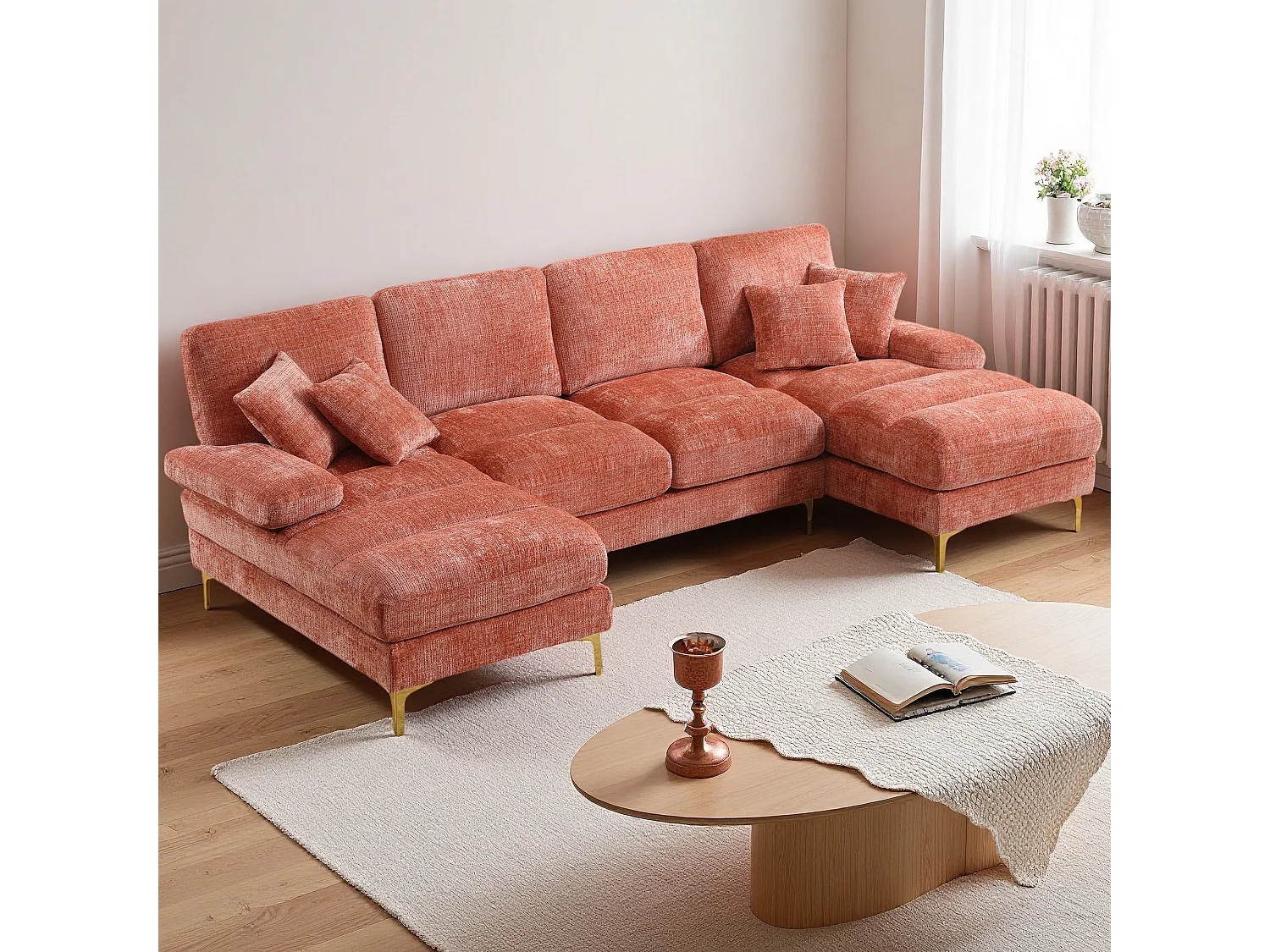 Canapé d'angle moderne en U en chenille avec deux assises，Canapé panoramique， - 4 places - rose