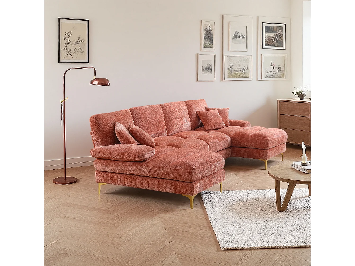 Canapé d'angle moderne en U en chenille avec deux assises，Canapé panoramique， - 4 places - rose