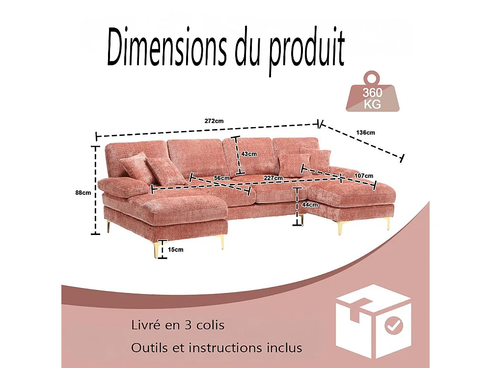 Canapé d'angle moderne en U en chenille avec deux assises，Canapé panoramique， - 4 places - rose