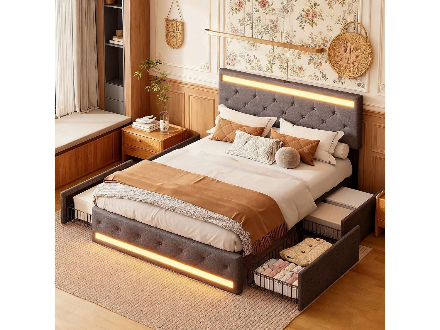 Lit king size 180x200 cm - avec sommier à latte - lit adulte 180x200 cm avec LED et USB, lit capitonné en tissu lin 180x200 cm, lit double tiroirs soldes - gris