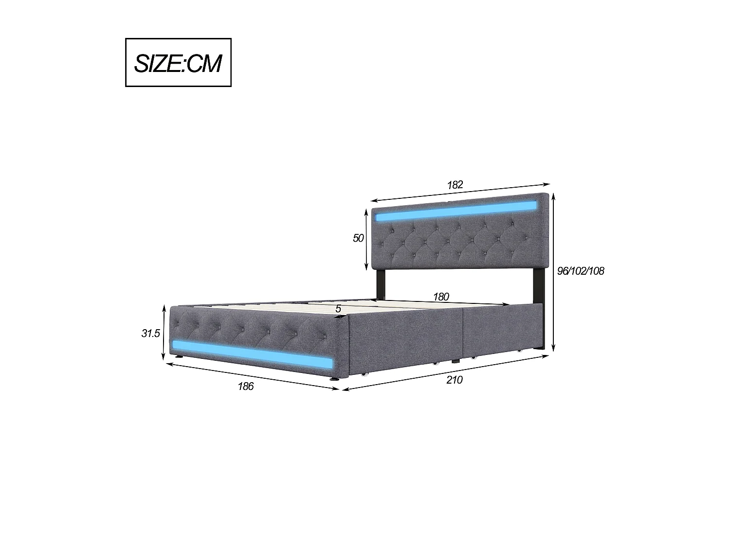 Lit king size 180x200 cm gris en tissu lin - Lit double adulte capitonné avec sommier à lattes, tiroirs de rangement, éclairage LED et port USB