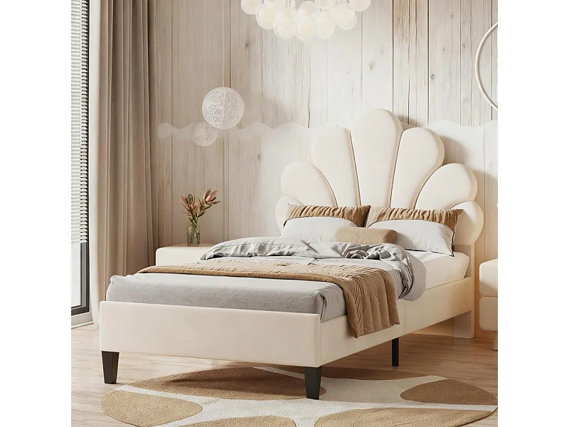 Lit enfant 90x200 cm avec sommier à lattes, lit capitonné en tissu velours 90x200 cm, lit de pétales 90x200 cm- beige