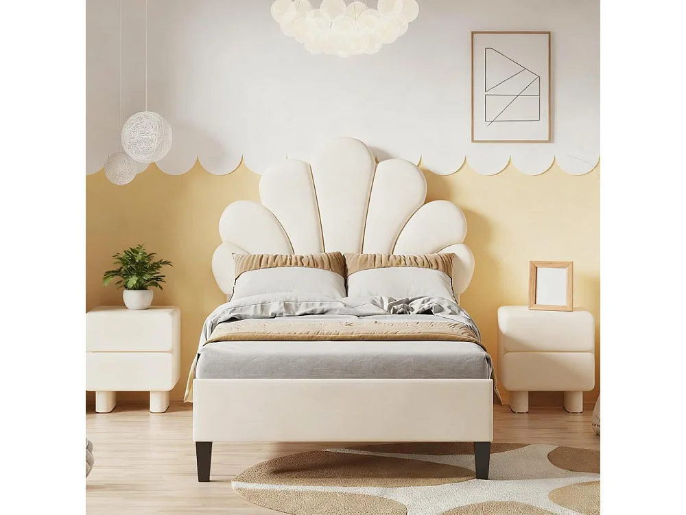 Lit enfant 90x200 cm avec sommier à lattes, lit capitonné en tissu velours 90x200 cm, lit de pétales 90x200 cm- beige