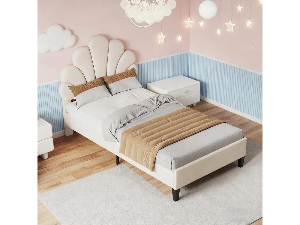 Lit enfant 90x200 cm avec sommier à lattes, lit capitonné en tissu velours 90x200 cm, lit de pétales 90x200 cm- beige