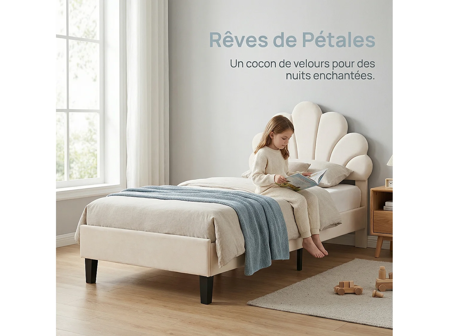 Lit enfant coquillage 90 x 200 cm avec sommier à lattes – Tête de lit rembourrée et revêtement en velours beige