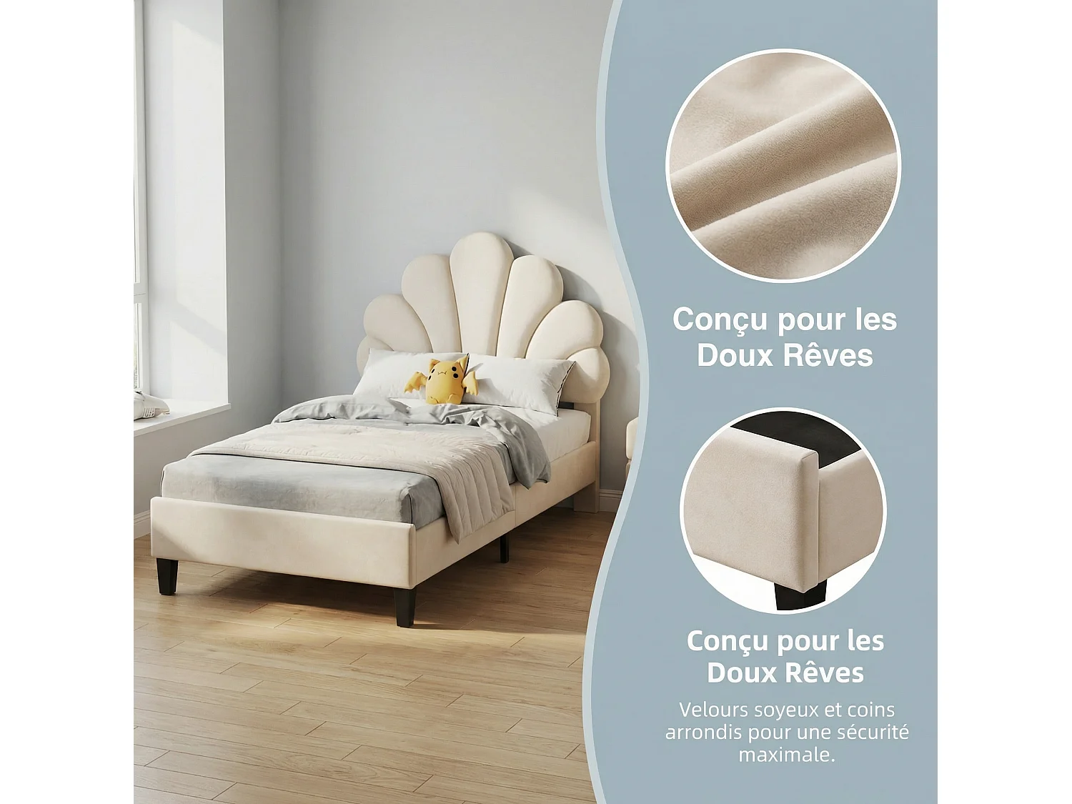 Lit enfant coquillage 90 x 200 cm avec sommier à lattes – Tête de lit rembourrée et revêtement en velours beige