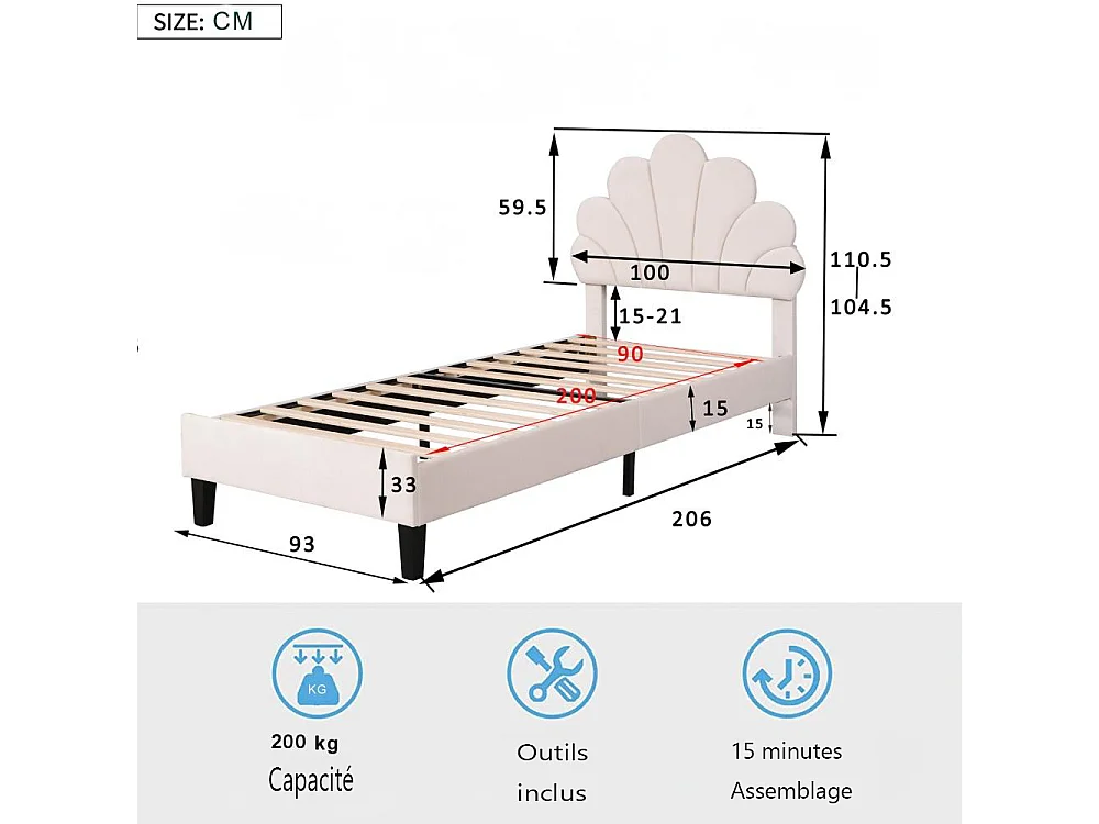 Lit enfant coquillage 90 x 200 cm avec sommier à lattes – Tête de lit rembourrée et revêtement en velours beige