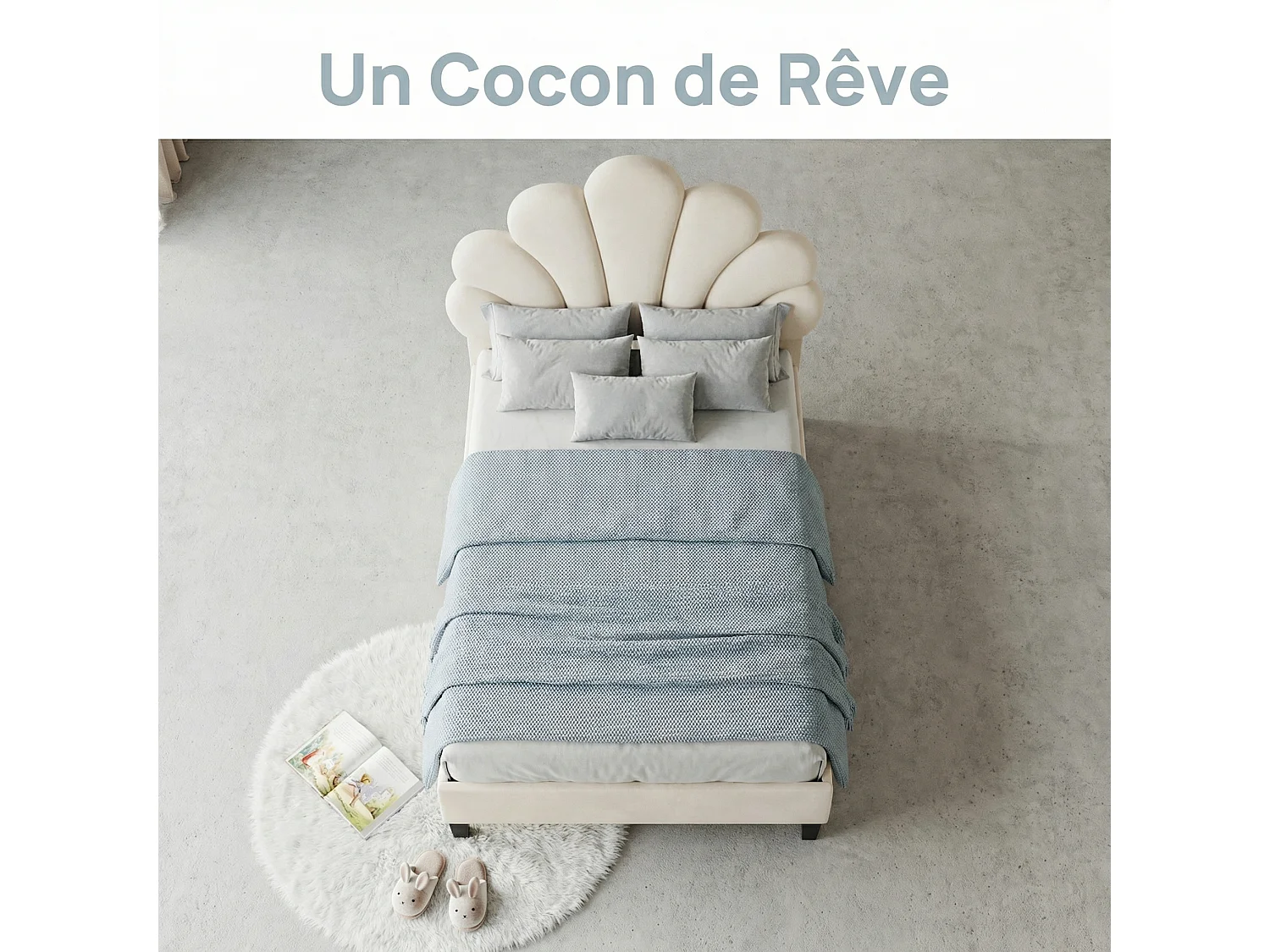 Lit enfant coquillage 90 x 200 cm avec sommier à lattes – Tête de lit rembourrée et revêtement en velours beige