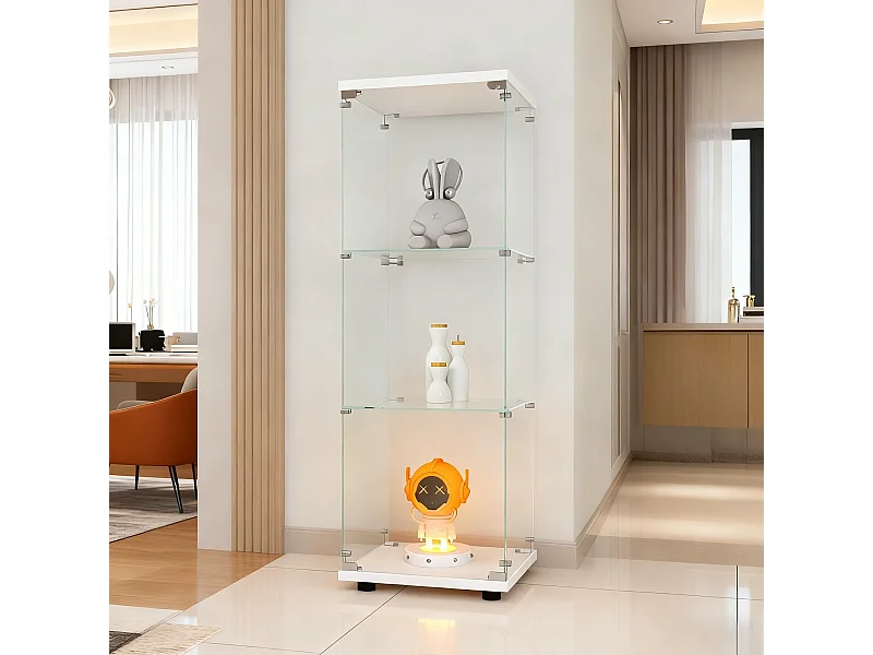 Vitrine sur pied avec 1 portes,  plateaux verre transparent avec serrure, verre trempé et boir, Multi - usage - 42 x 36 x 125 cm - Blanc