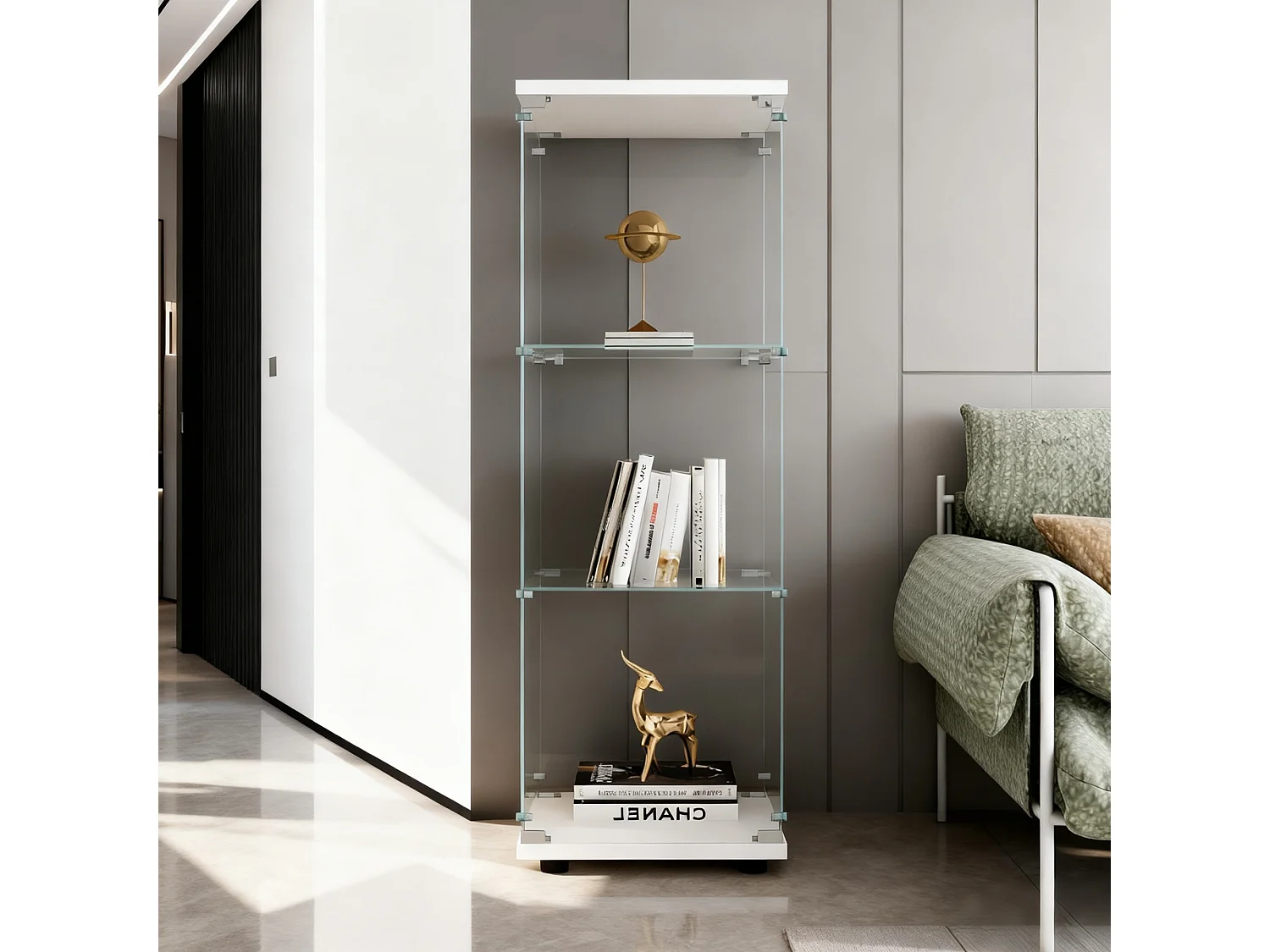 Vitrine sur pied avec 1 portes,  plateaux verre transparent avec serrure, verre trempé et boir, Multi - usage - 42 x 36 x 125 cm - Blanc