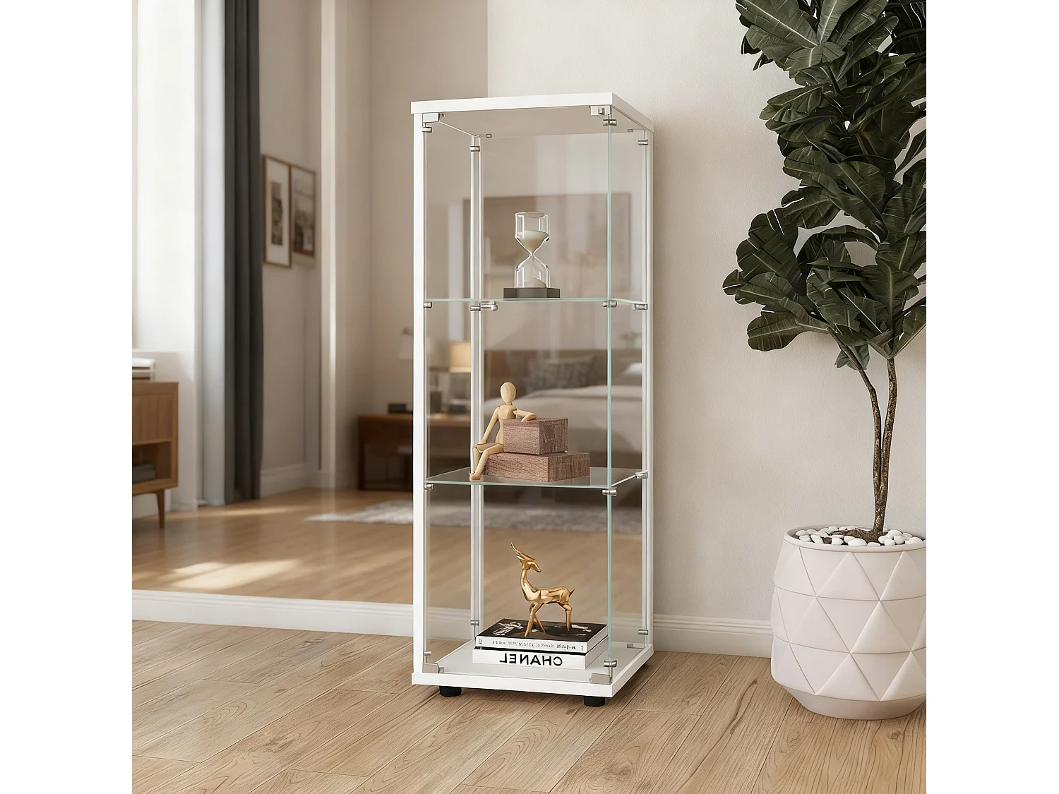 Vitrine sur pied avec 1 portes,  plateaux verre transparent avec serrure, verre trempé et boir, Multi - usage - 42 x 36 x 125 cm - Blanc