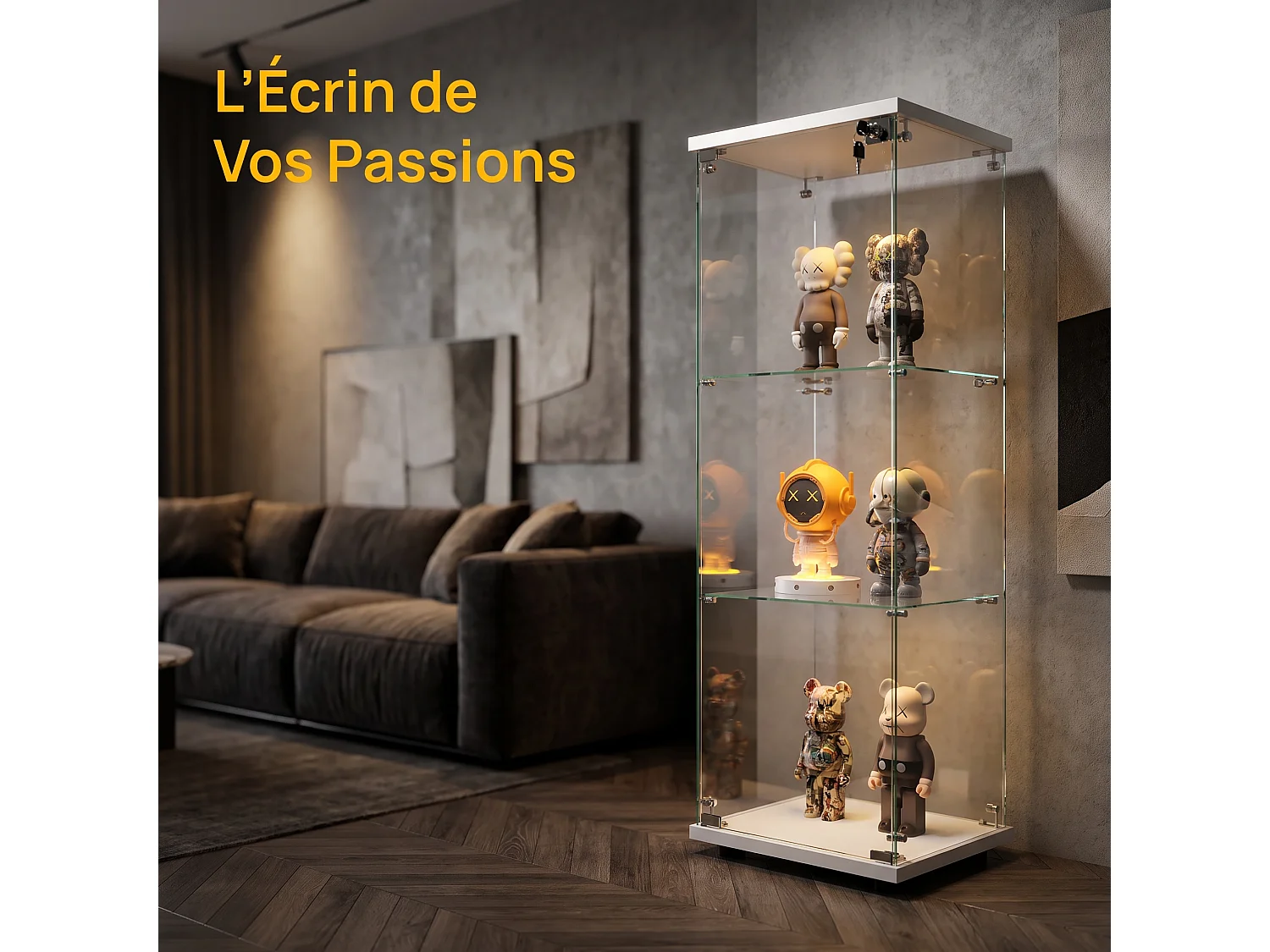 Vitrine d’exposition sur pied 42 × 36 × 125 cm avec porte verrouillable et étagères en verre trempé – Blanc