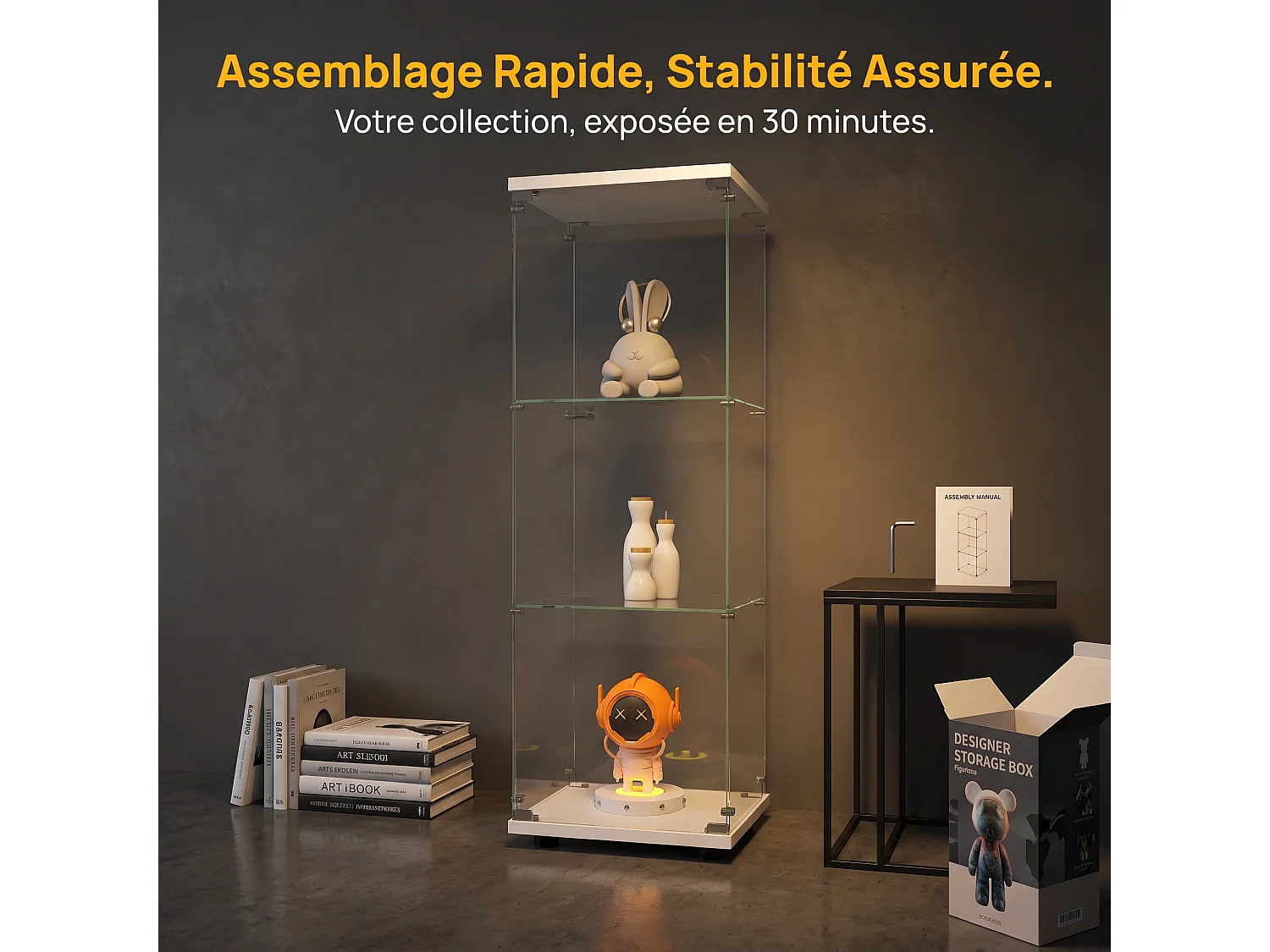 Vitrine d’exposition sur pied 42 × 36 × 125 cm avec porte verrouillable et étagères en verre trempé – Blanc