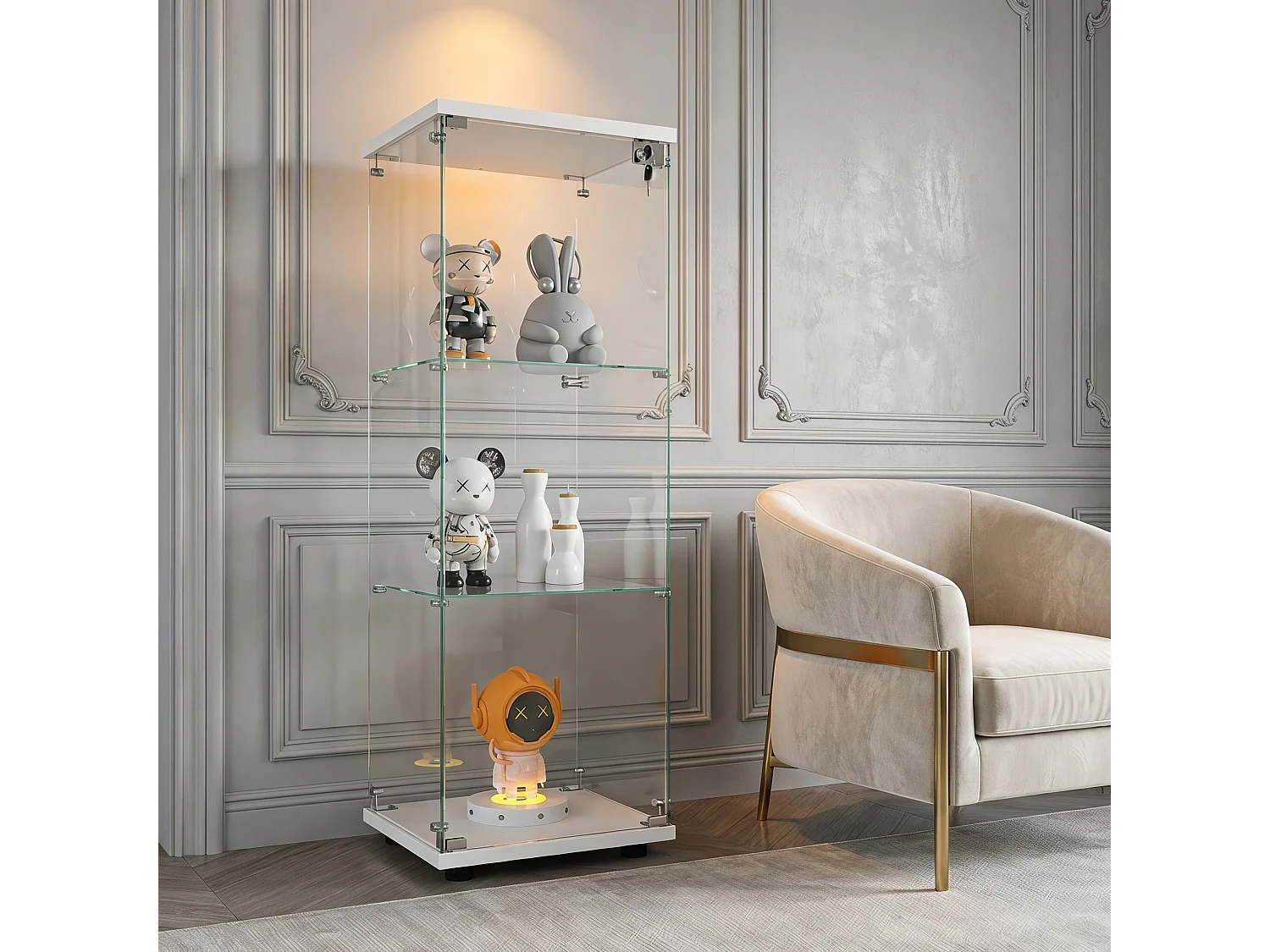 Vitrine d’exposition sur pied 42 × 36 × 125 cm avec porte verrouillable et étagères en verre trempé – Blanc
