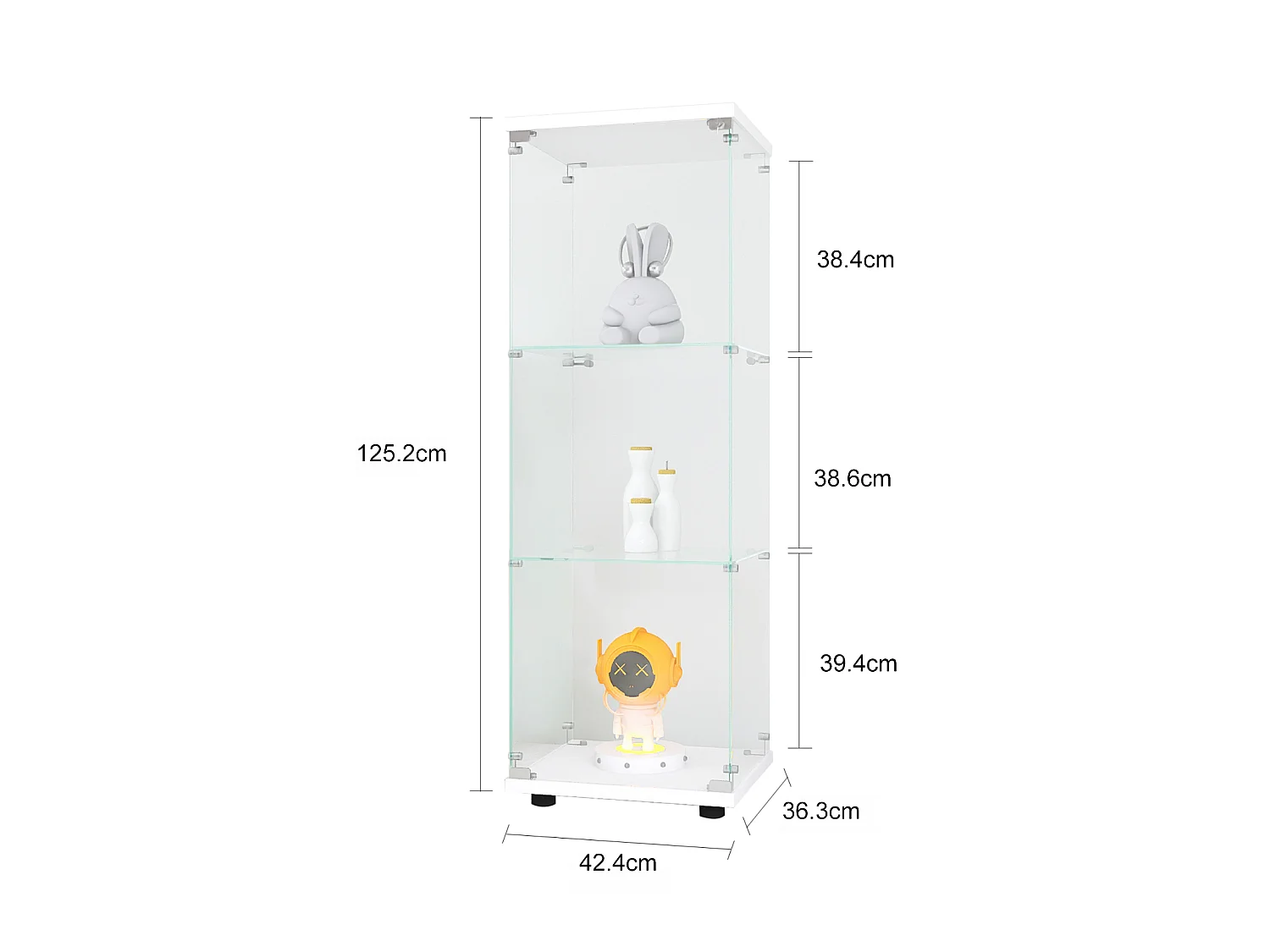 Vitrine d’exposition sur pied 42 × 36 × 125 cm avec porte verrouillable et étagères en verre trempé – Blanc