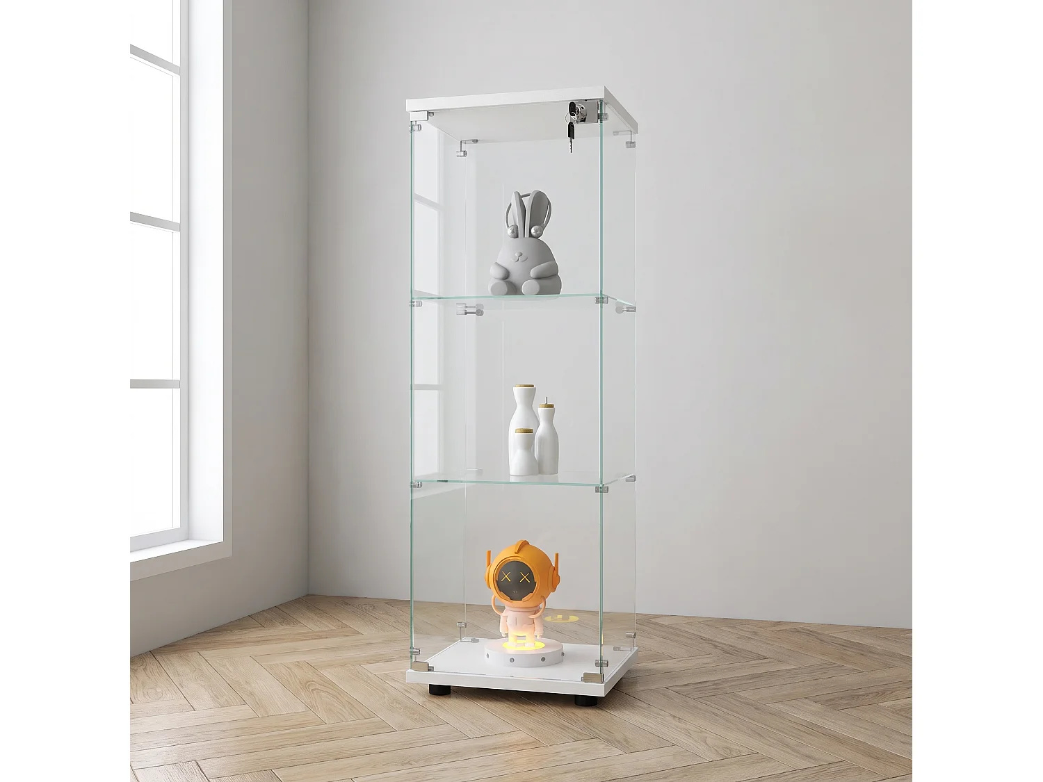 Vitrine d’exposition sur pied 42 × 36 × 125 cm avec porte verrouillable et étagères en verre trempé – Blanc